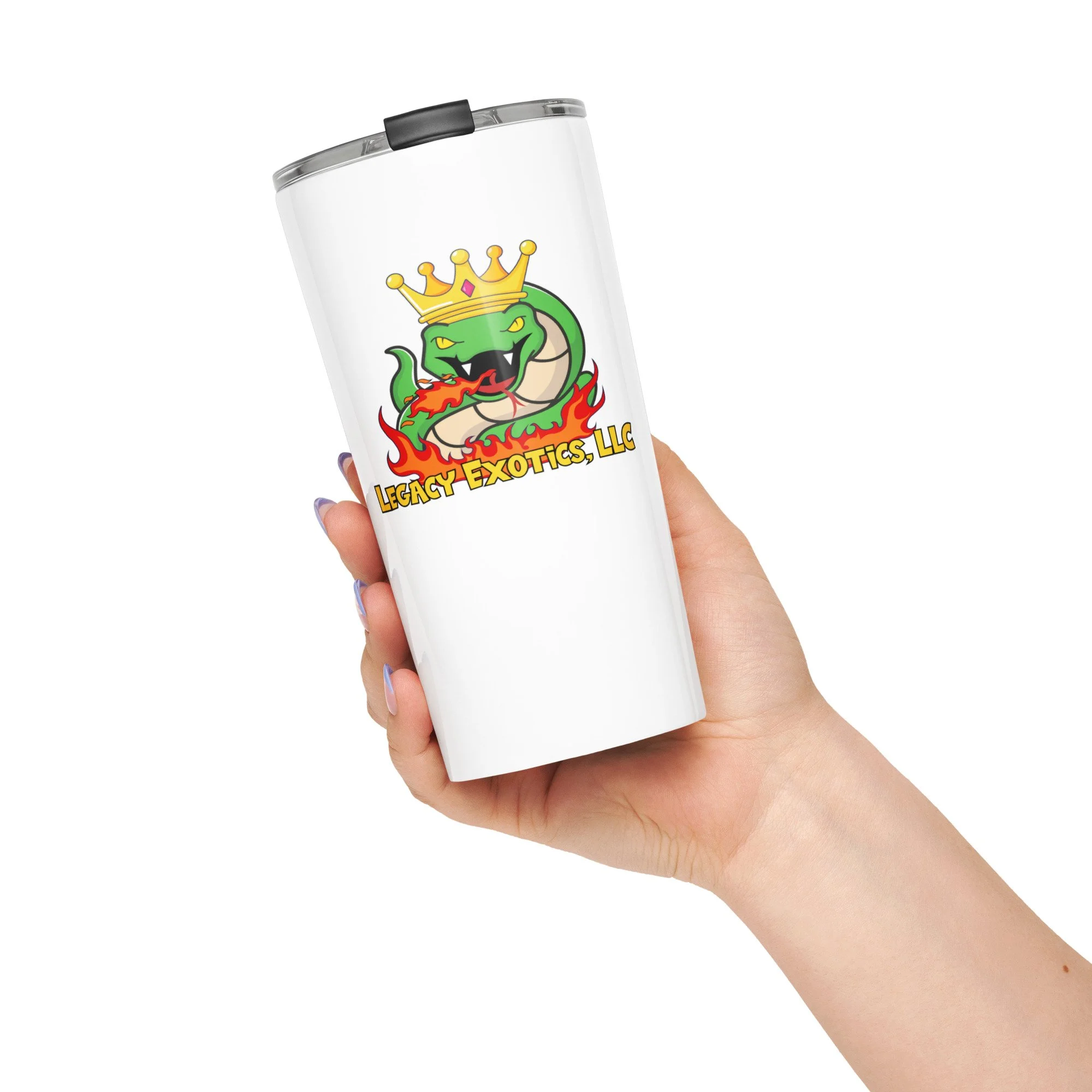 Hand holding a white tumbler with a crowned snake logo and text Legacy Exotics, LLC above red flames.