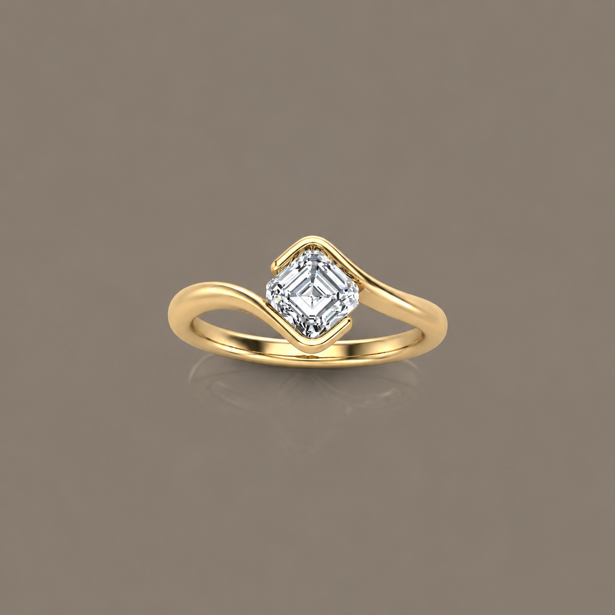 Gold ring with a square-cut diamond on a neutral background.