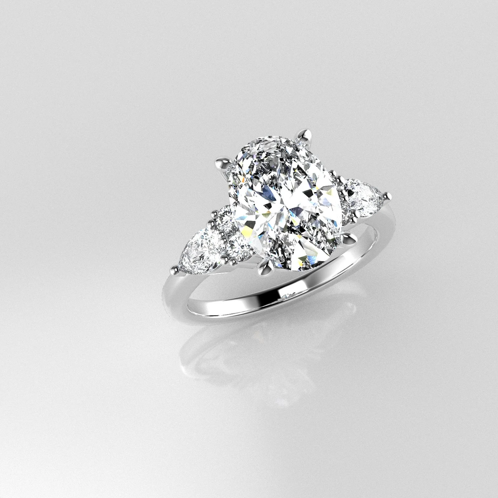 Diamond engagement ring with a large central diamond and smaller diamonds on the band, set in white gold or platinum.