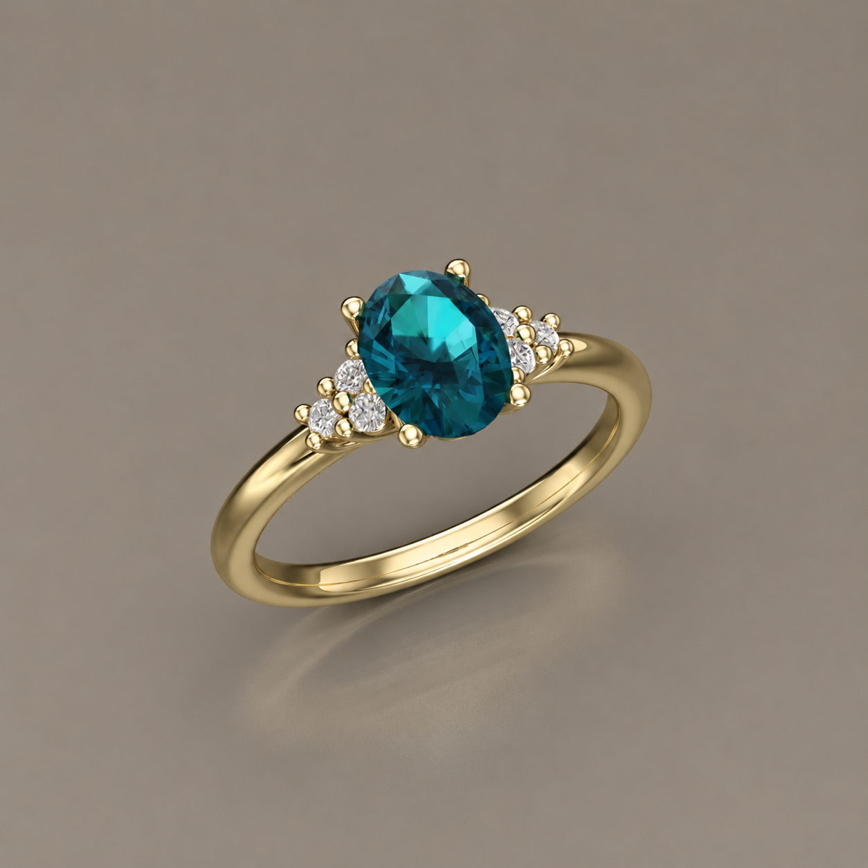 Gold ring with an oval blue gemstone and small surrounding diamonds