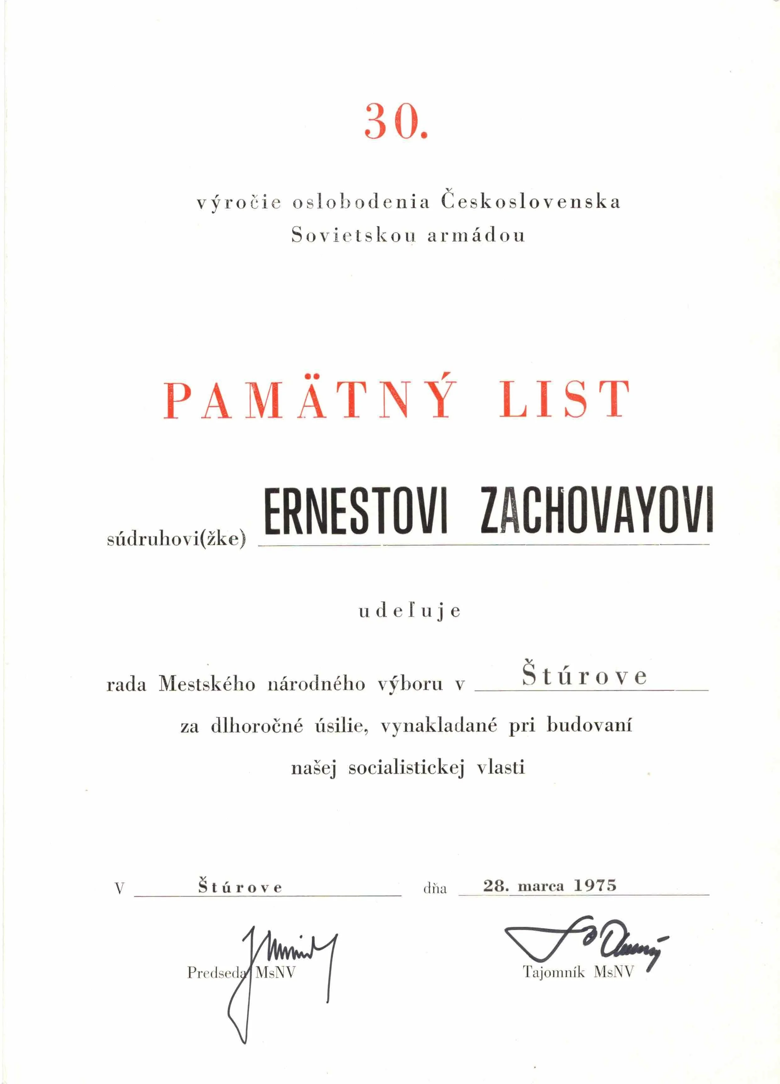 Official document in Slovak language, dated March 28, 1975, with signatures and official stamps, commemorating the 30th anniversary of the liberation of Czechoslovakia by the Soviet army.