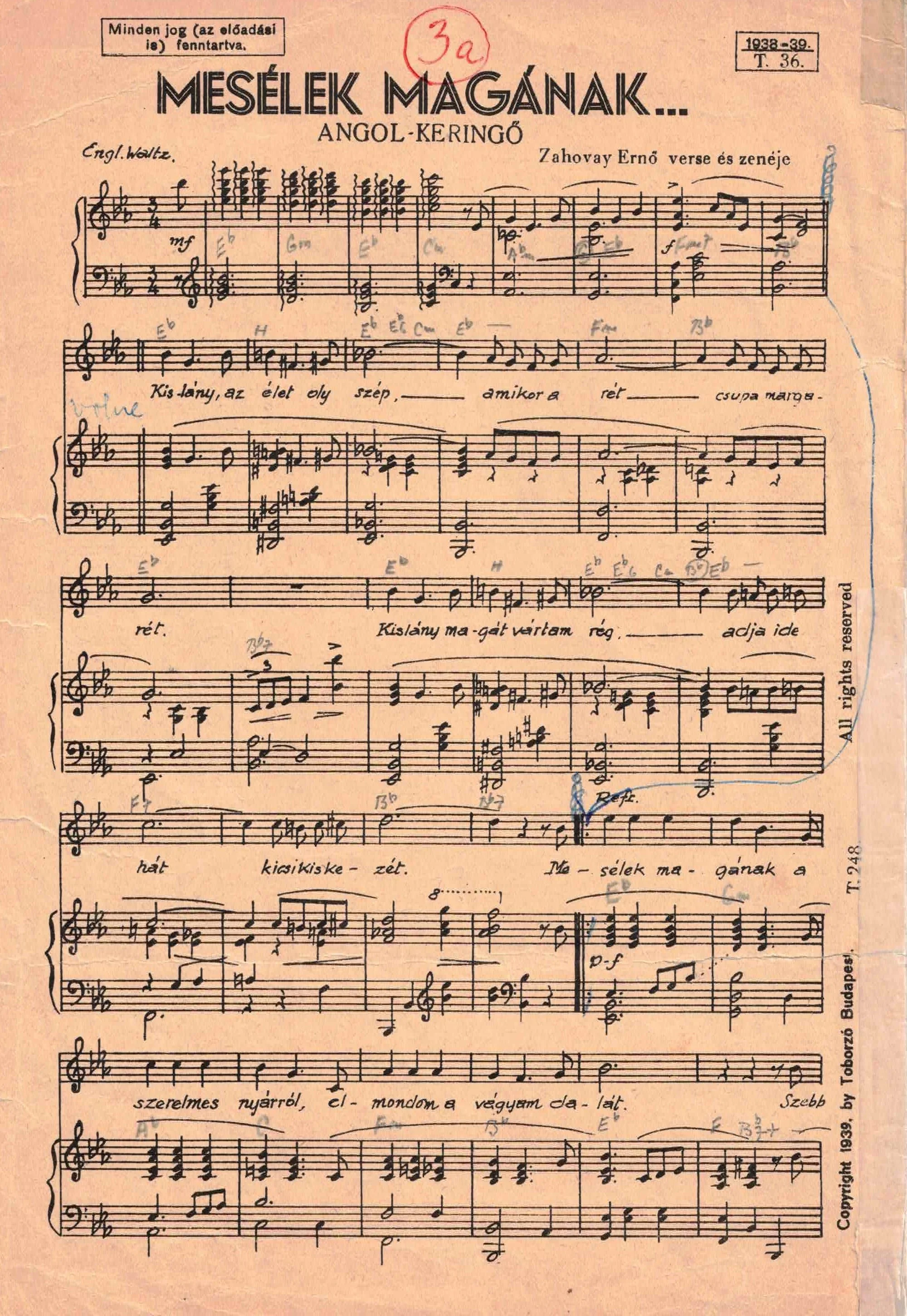 Sheet music for a song in Hungarian language, titled "Mesélek Magának..." with handwritten annotations and notes, marked with a red circle and the number "3a".