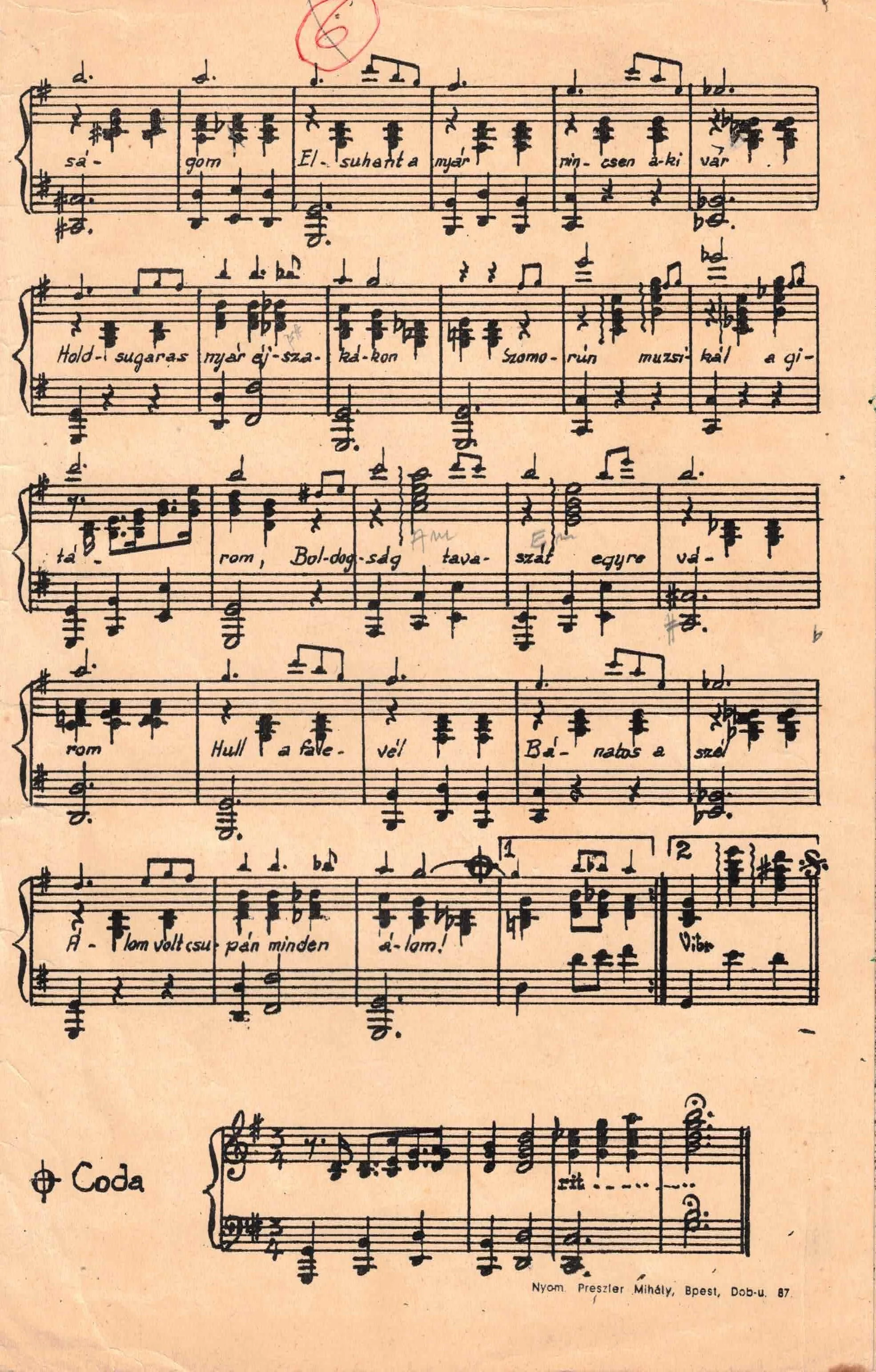 A sheet of handwritten musical notation, with lyrics in Hungarian, featuring multiple staves, musical notes, and annotations, on aged paper.