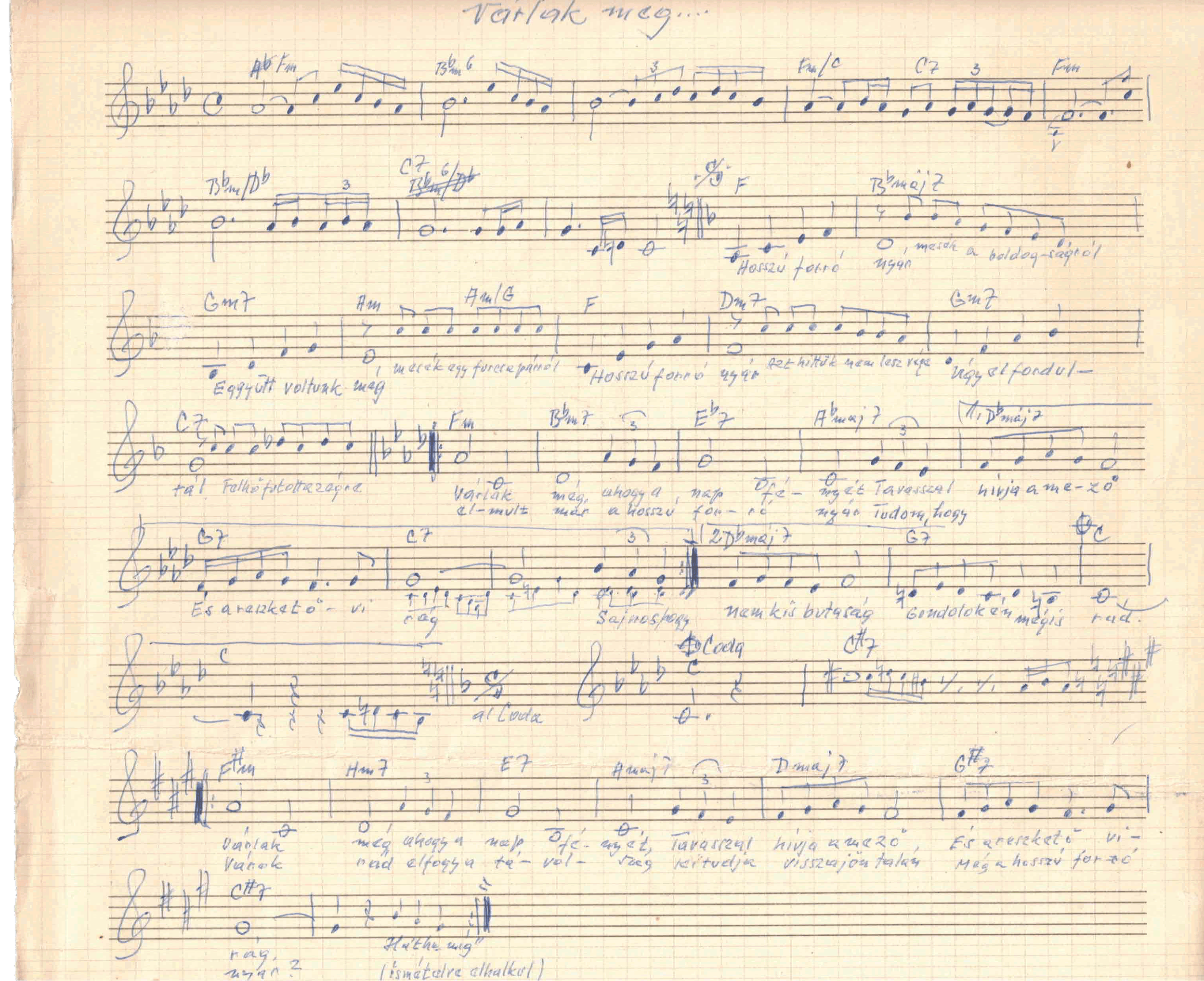Handwritten sheet music with musical notes and chords, written on lined paper. The text is in Hungarian.