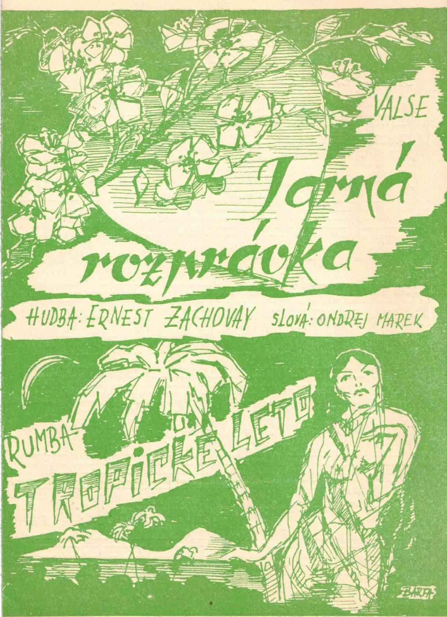 A comic-style illustration on a green background depicting a man and a woman in period clothing, with the woman holding a rolling pin. The text in the image is in Polish, with some words like "Valse" and names such as "Ernest Zachovy" and "Ondrej Marek." The illustration also features a banner with the words "Rumba" and "Tra" amid other stylized text.