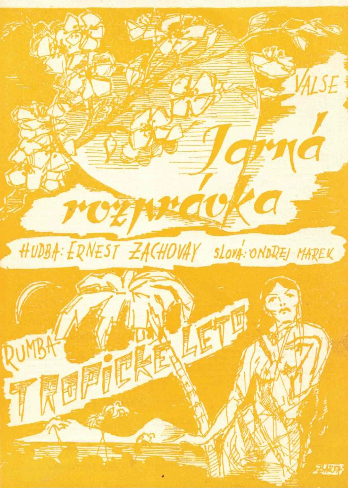 Stylized yellow and white poster with hand-drawn illustrations of people, flowers, and text promoting the Jarma Murcukka music event in Mumbai, India, featuring Hudba Ernst Zachovay and Ondrej Marek.