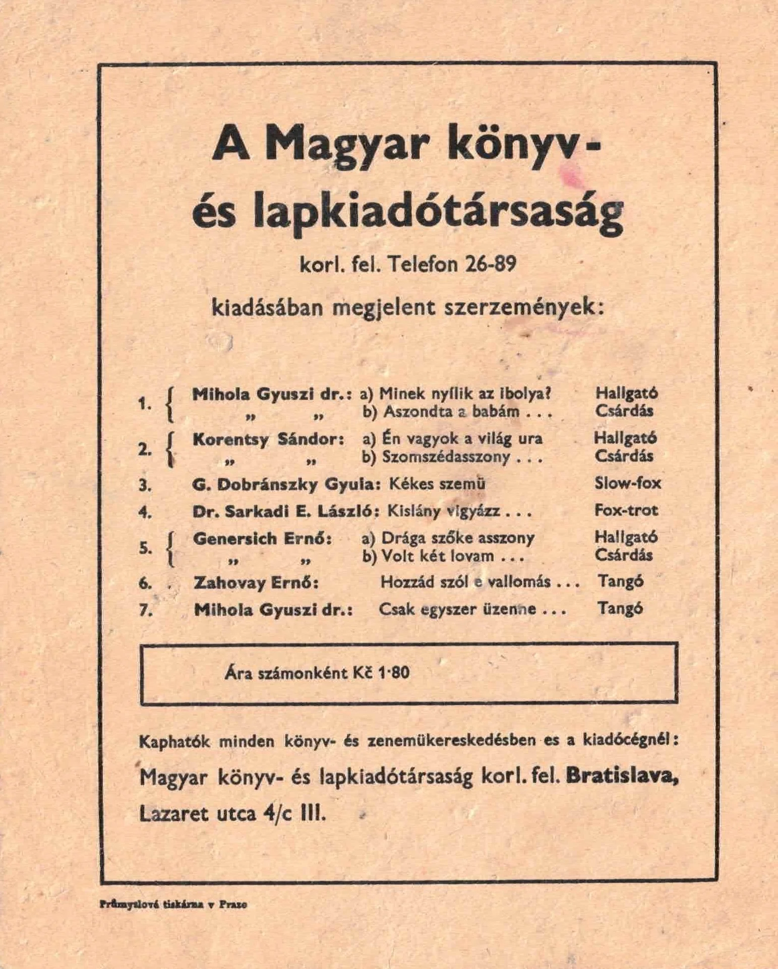 A vintage Hungarian publication listing books and publications with their authors and prices, featuring a simple black and white text layout on tan paper.