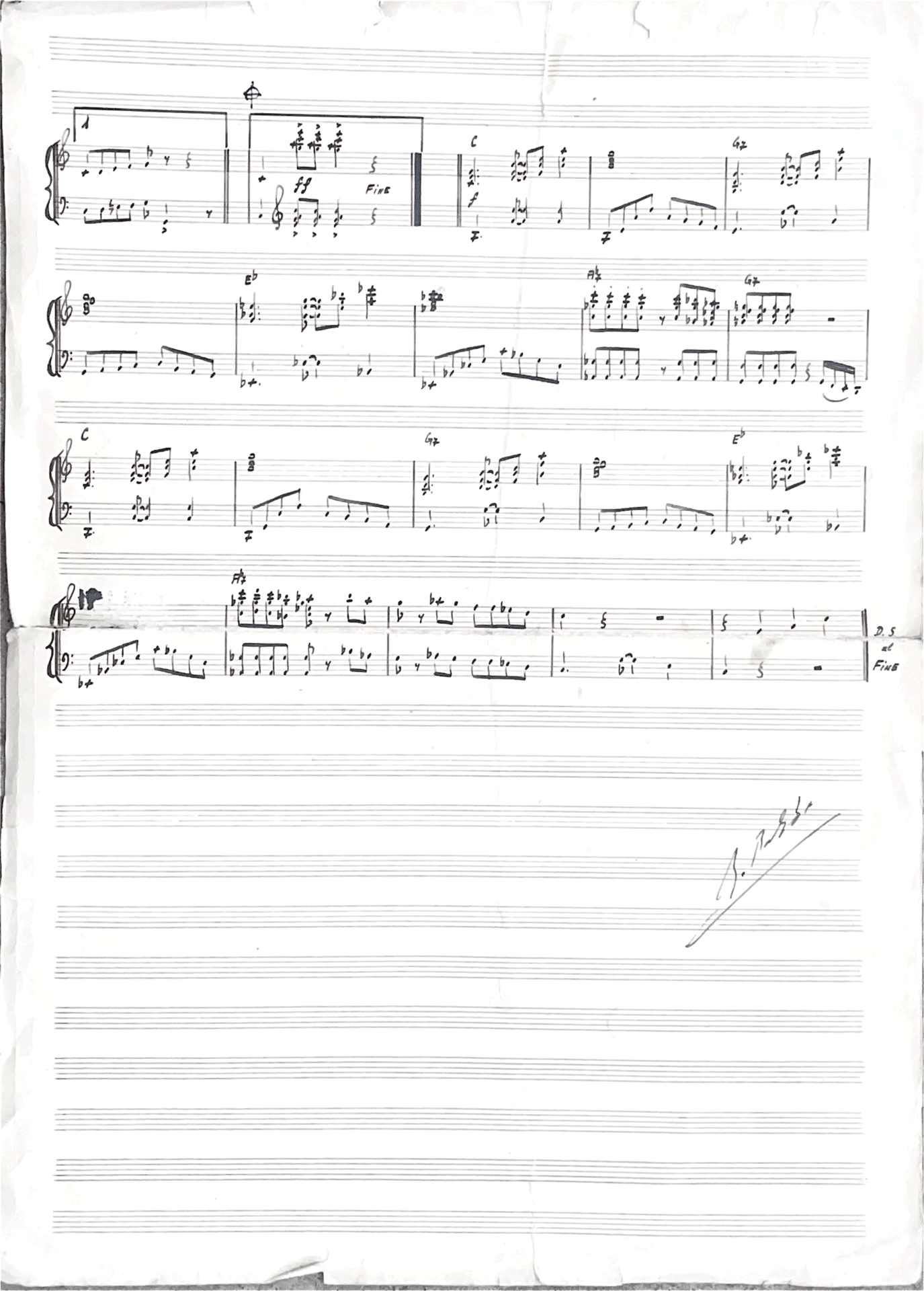 Handwritten sheet music with musical notation, chords, and signatures, on lined paper.