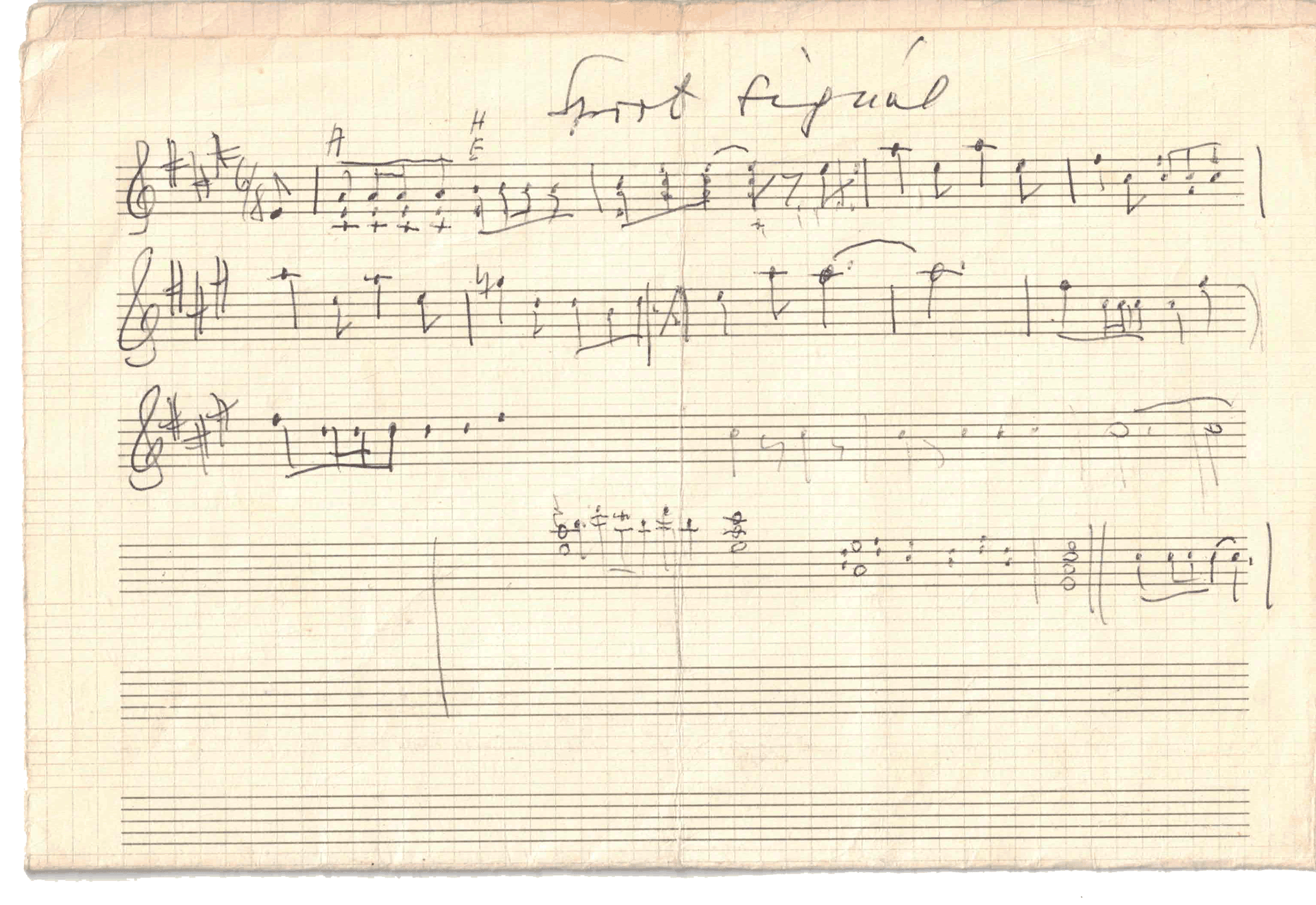 A handwritten sheet of music with notes, chords, and annotations on grid paper. The top of the sheet has some text written in cursive and the word 'Good' is visible.
