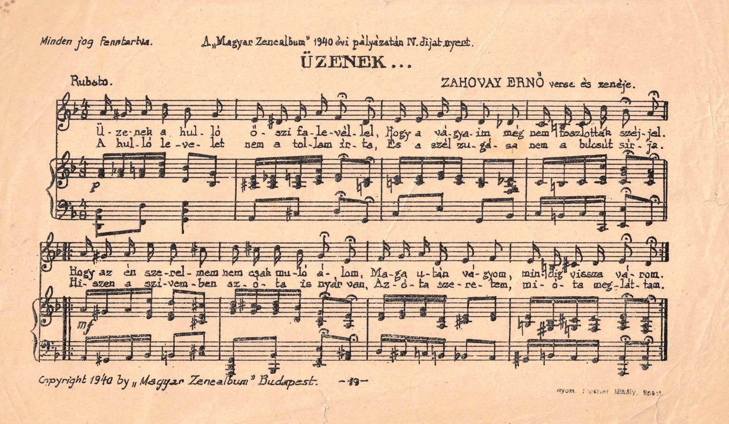 Old sheet music with handwritten Hungarian lyrics and musical notation from 1940, titled "ÜZENEK..." by Zahovay Ernő.
