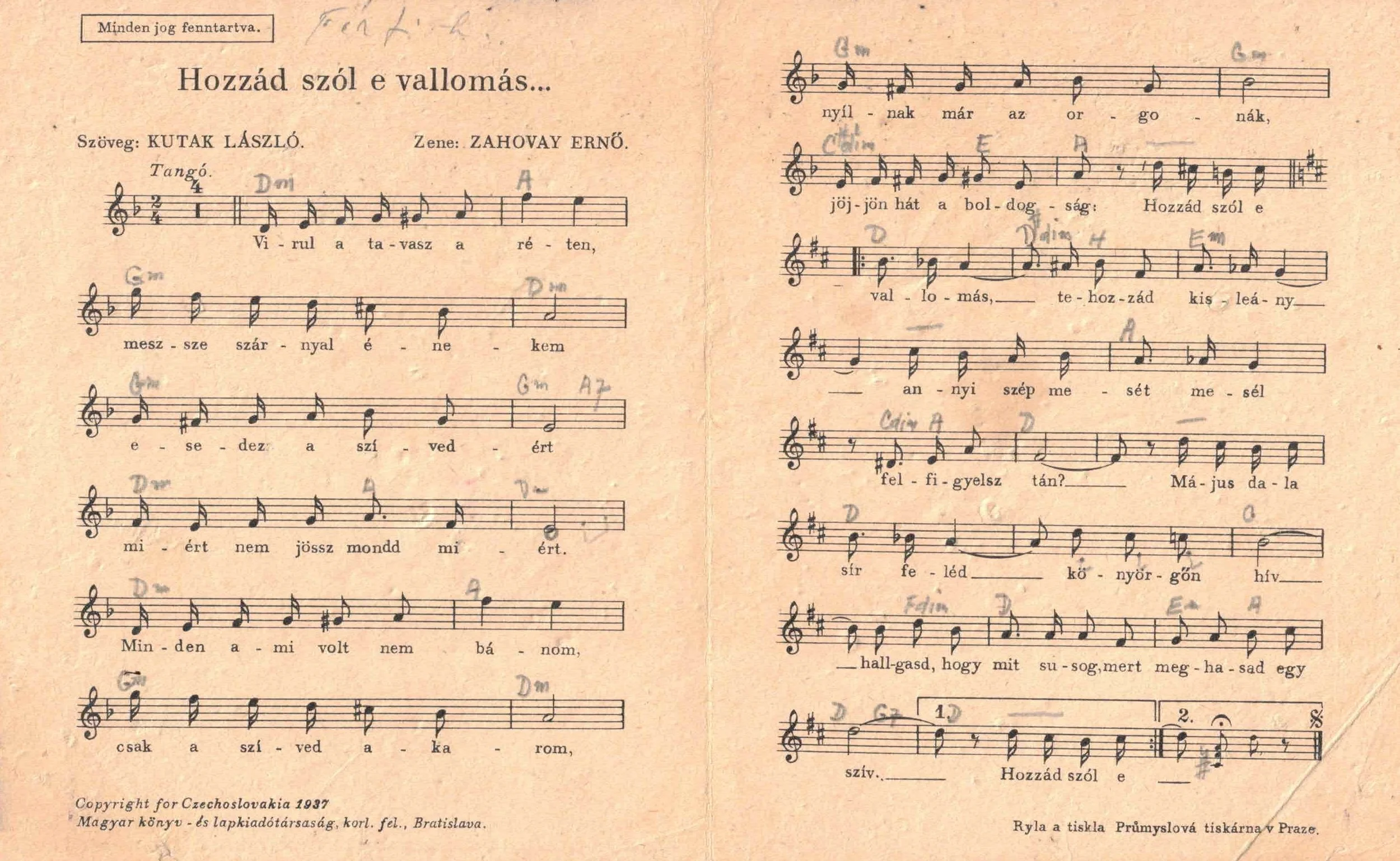 A vintage Hungarian sheet music page from 1937 with musical notation and lyrics in Hungarian, featuring handwritten annotations and signatures.