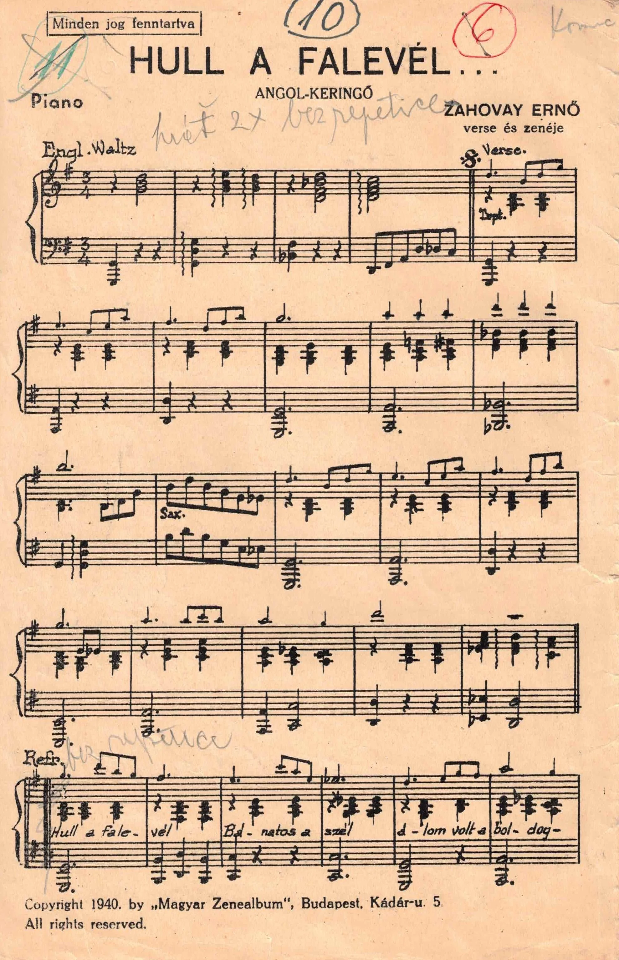 A vintage musical score titled "Hull a Falevel" with handwritten notes, annotations, and markings, including notes about the music, signatures, and copyright information from 1940.