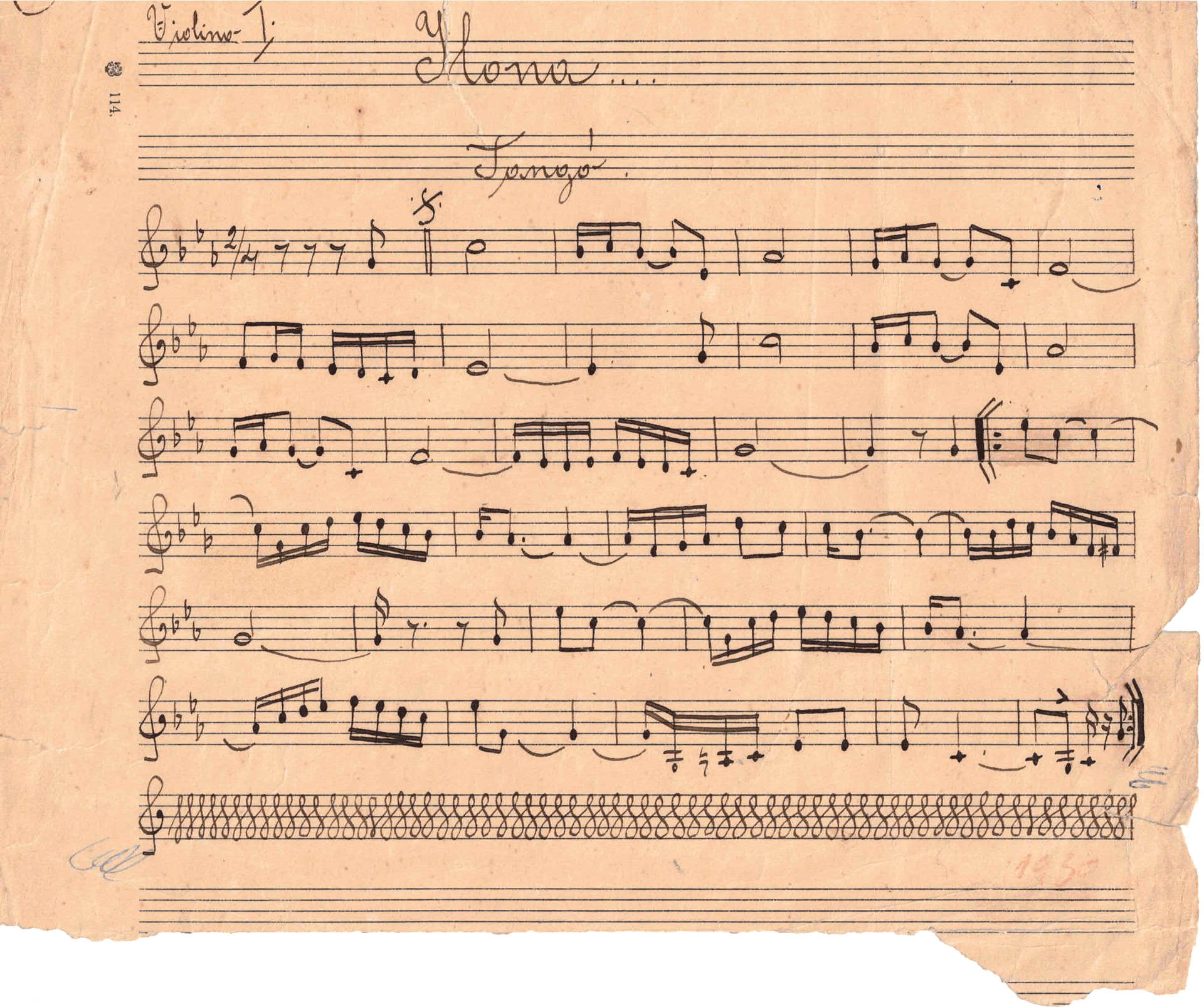 Handwritten sheet music with musical notes, symbols, and annotations on aged paper.