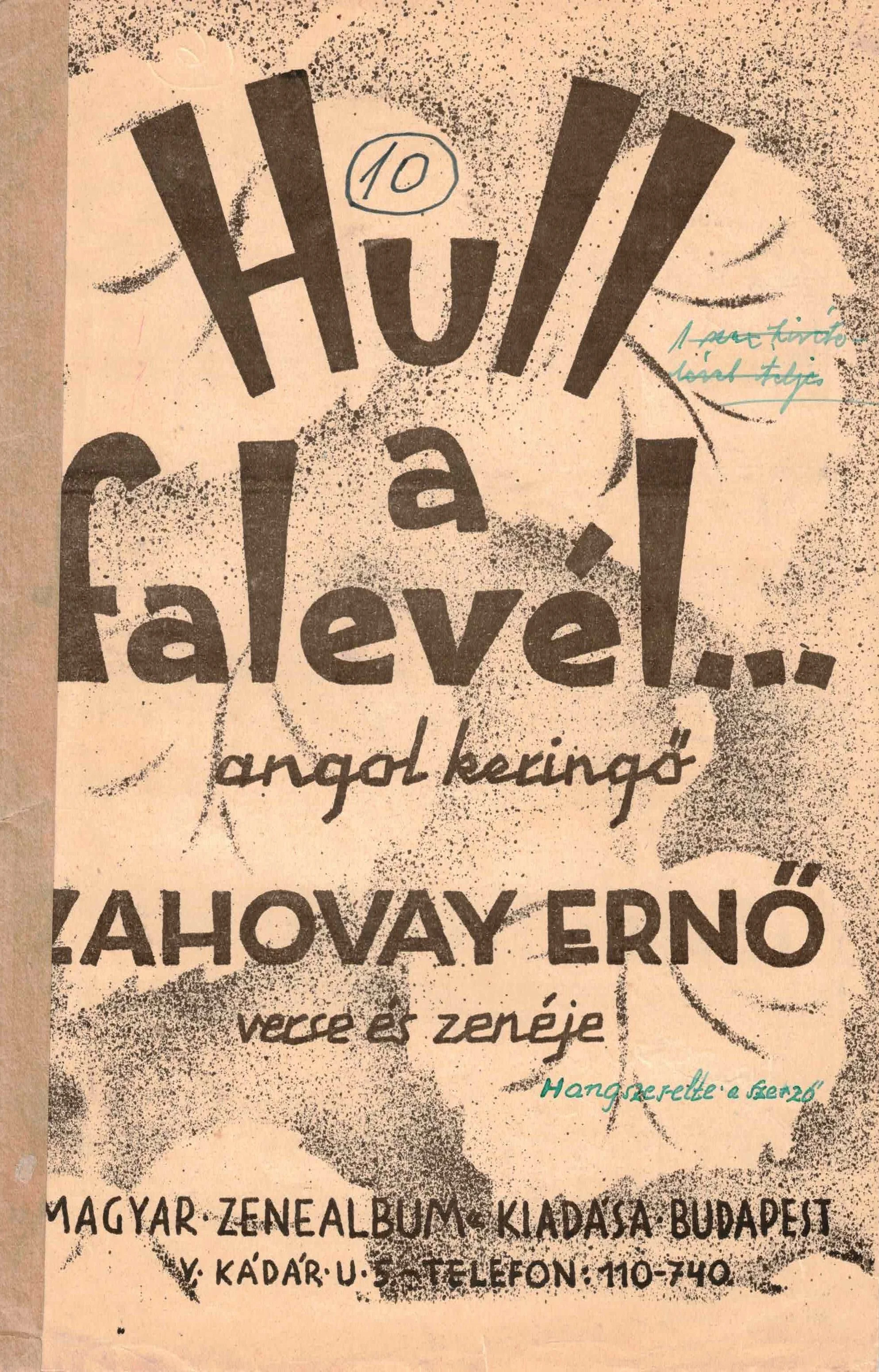 A vintage poster with large stylized letters reading 'Hú! a falevél!' and various handwritten notes in Hungarian about a music album and concert, including contact information and location details in Budapest.
