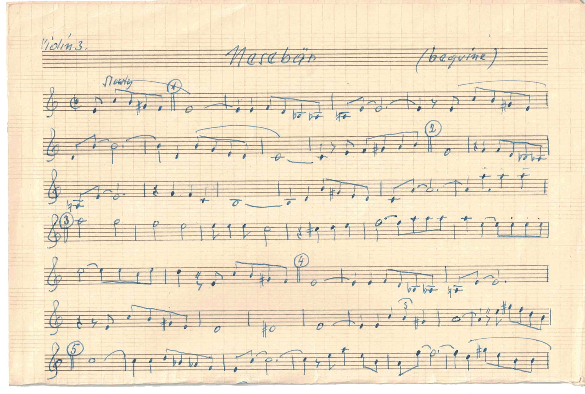 Handwritten sheet music for a piece titled "Nerebar" with musical notes and annotations on grid paper.