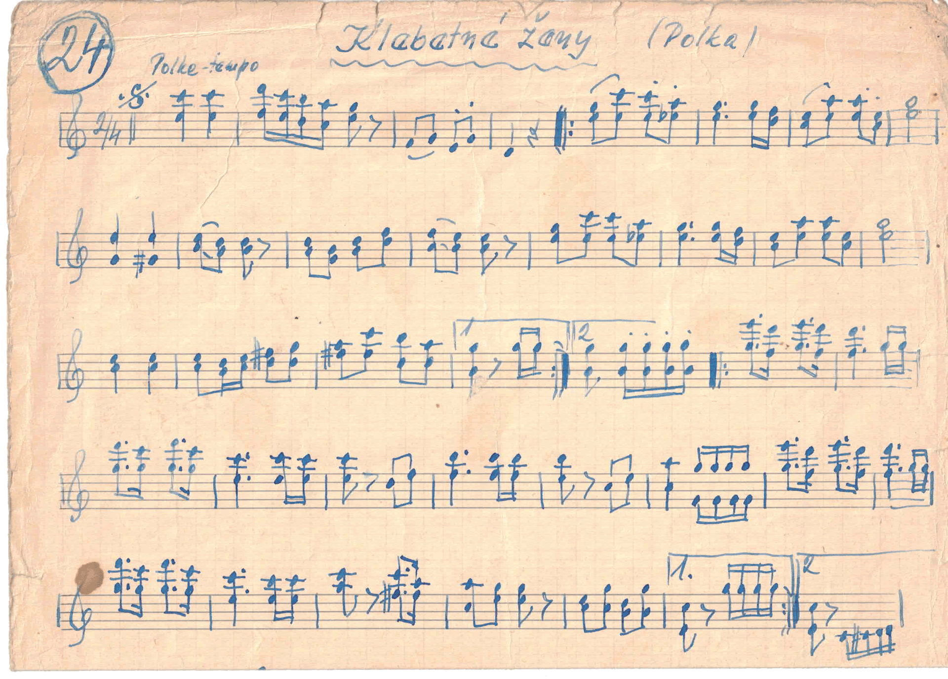 A handwritten sheet of music with musical notes and notation in blue ink on beige paper, titled "Klubanie Zamy".