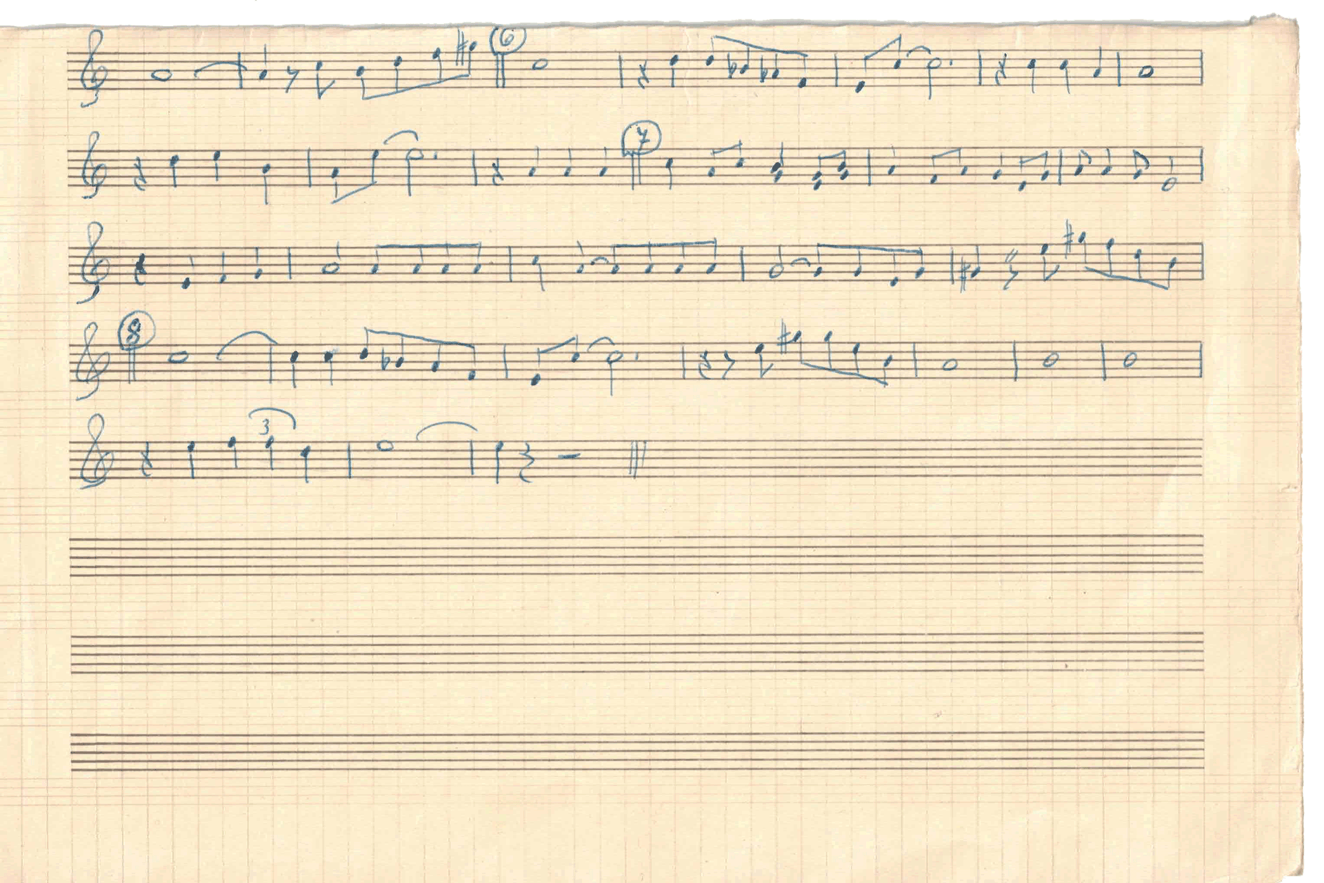 Handwritten musical score on graph paper, featuring musical notes, symbols, and annotations in blue ink.