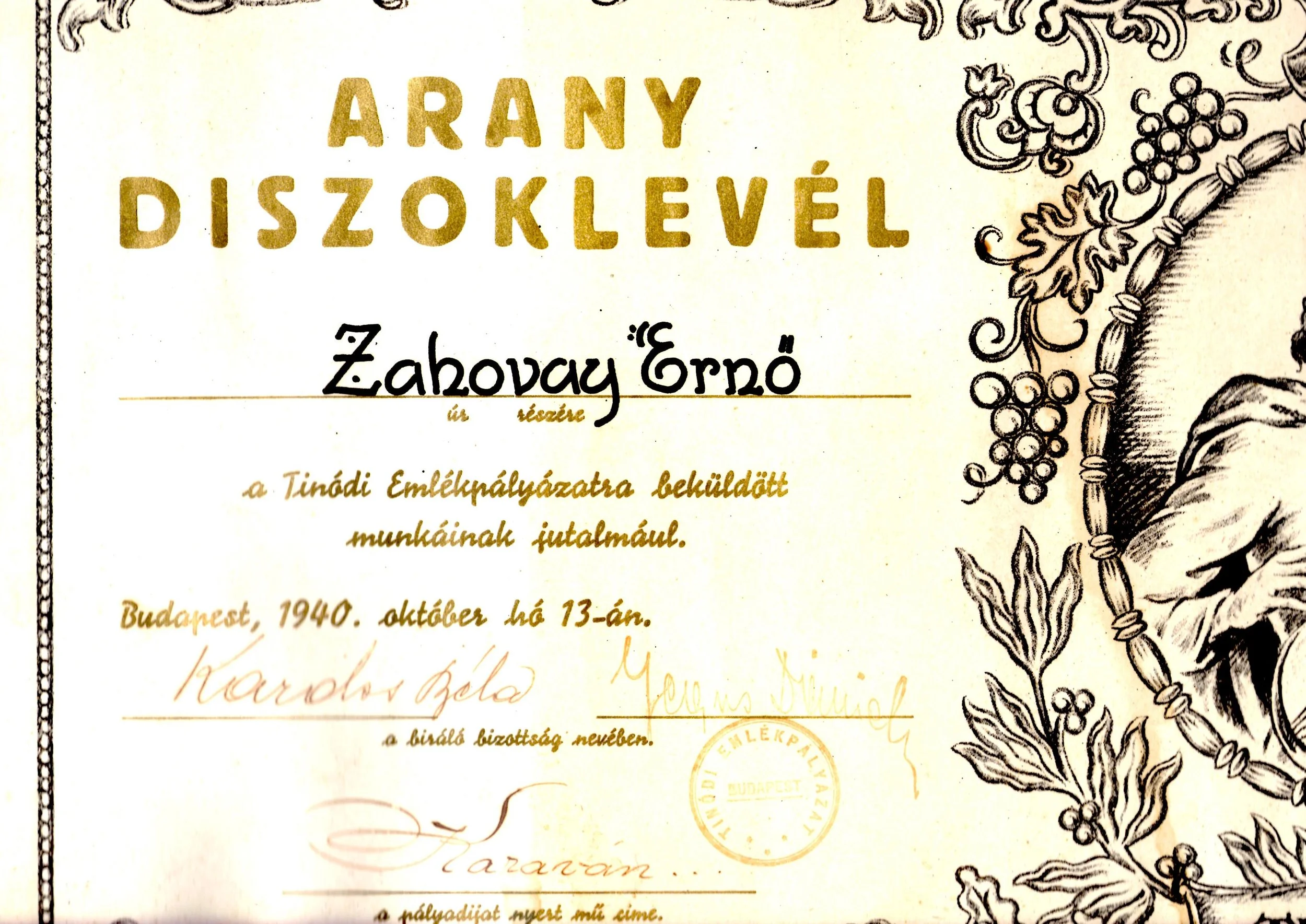 Historical Hungarian document with ornate border and decorative elements, featuring Hungarian text and a seal, dated October 13, 1940.