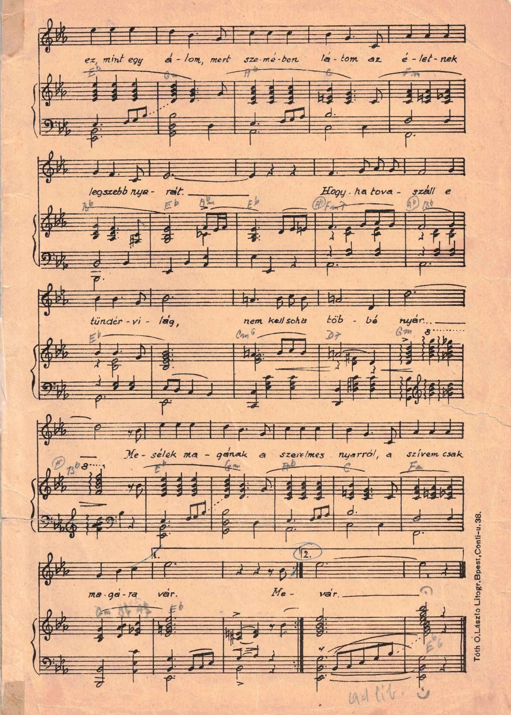 A handwritten sheet of musical notation with lyrics, annotations, and chords on a beige paper background.
