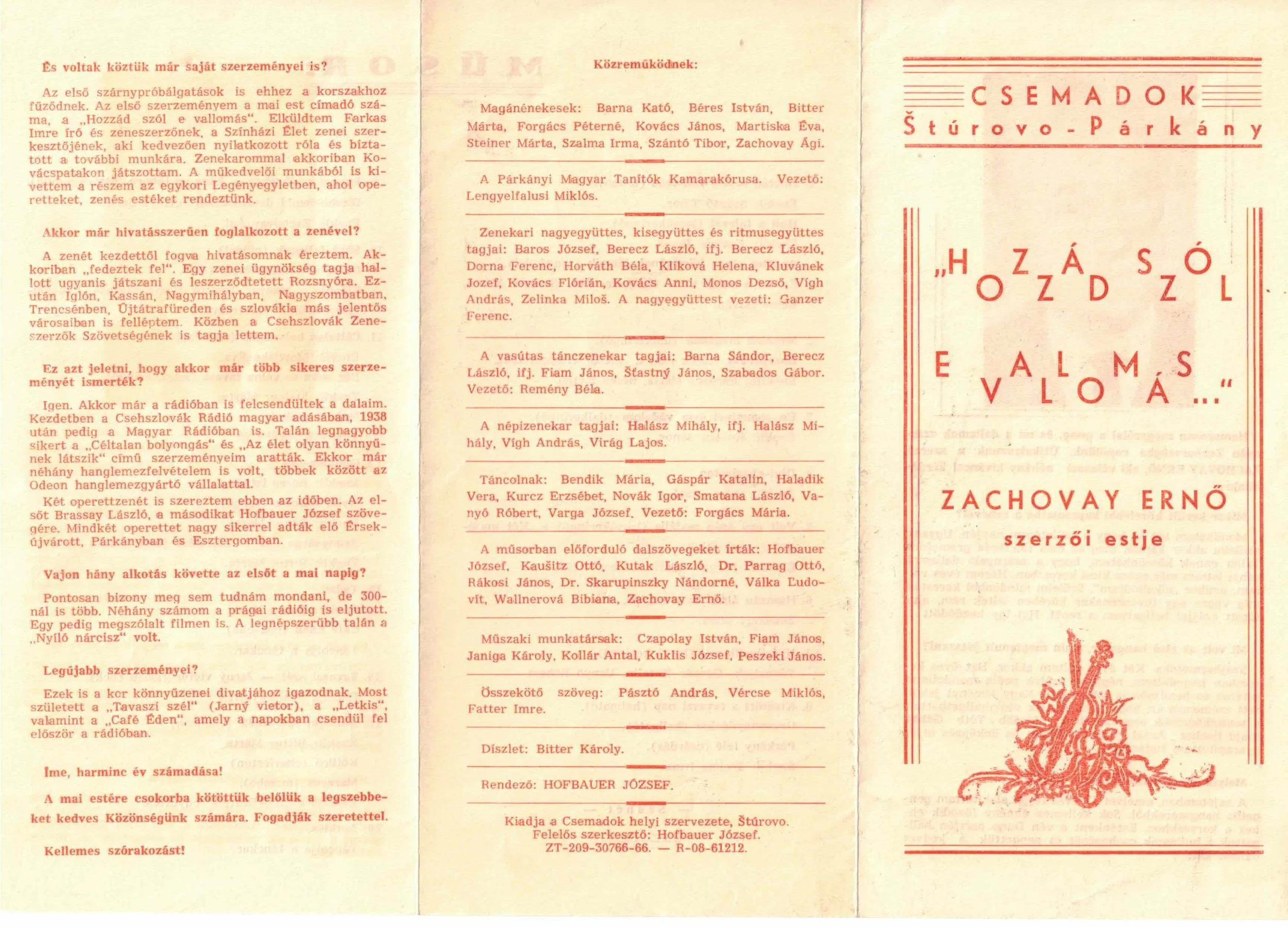 A vintage Hungarian program or pamphlet with red printed text on cream paper and a decorative floral motif in the bottom right corner.