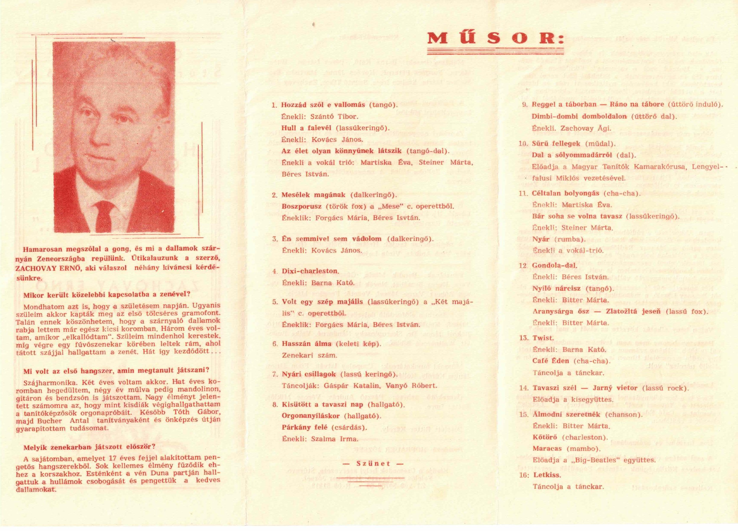 A vintage printed program or script in Hungarian, featuring a black-and-white portrait of a young man in the top left corner and a list of musical pieces and performances on the right side.
