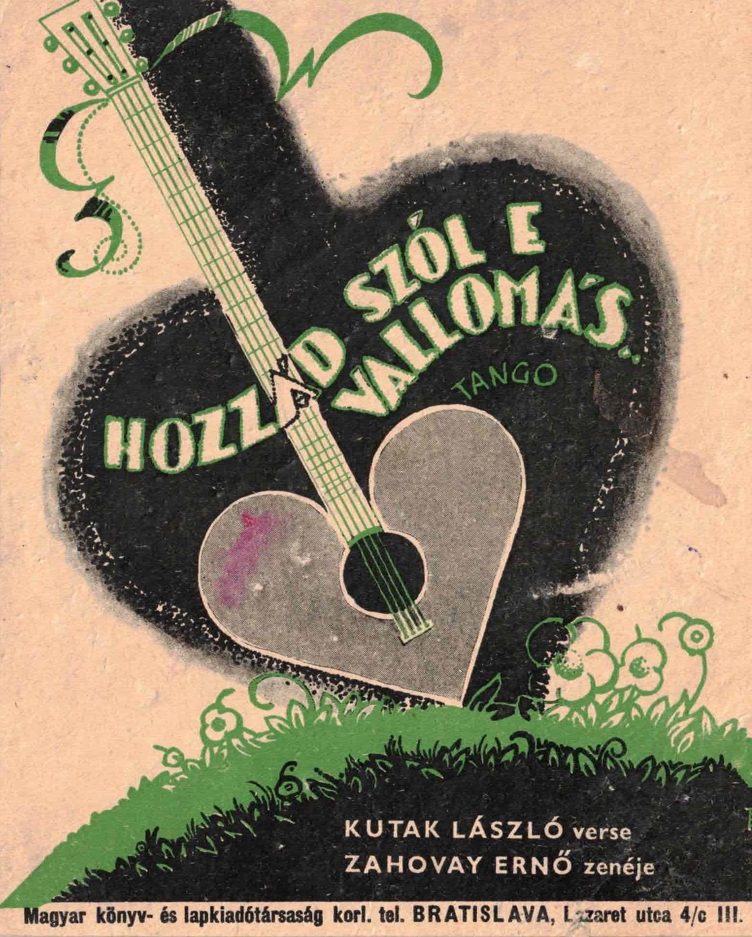 Close-up of a vintage Hungarian banknote featuring a graphic design with musical instruments, floral patterns, and Hungarian text. The text includes the names Kutak László and Zahovay Ernő.