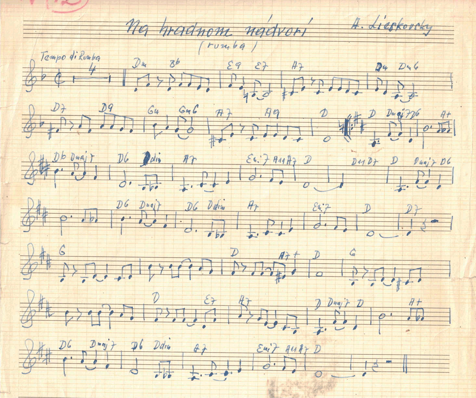 A hand-written sheet of music on graph paper with notes, chords, and markings written in blue ink.