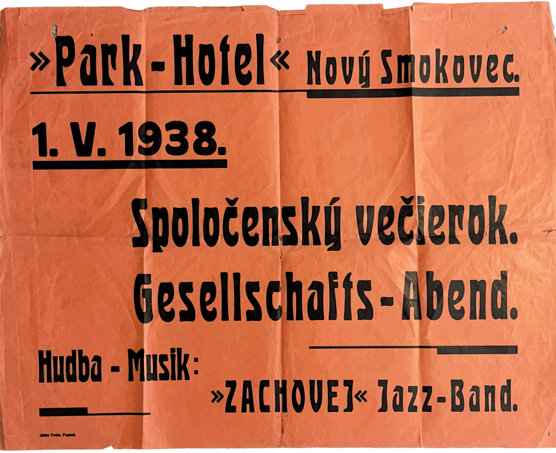 A vintage poster for a 1938 jazz band, the 'Pank-Hotel' New Smokovec, located in Slovakia, featuring a collection of musical genres including jazz, swing, and dance. The poster has a peach background with black text.