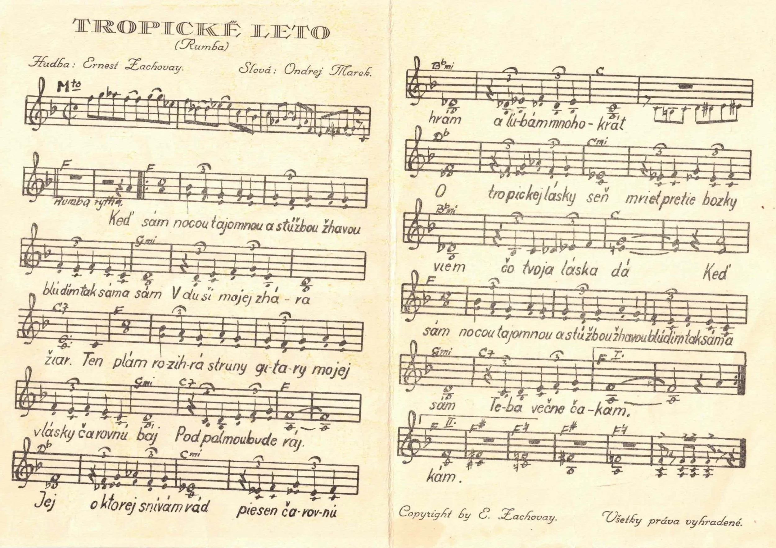 A scanned page of sheet music titled 'Tropické Leto (Rumba)' with musical notes, lyrics in Slovak, and copyright information at the bottom.