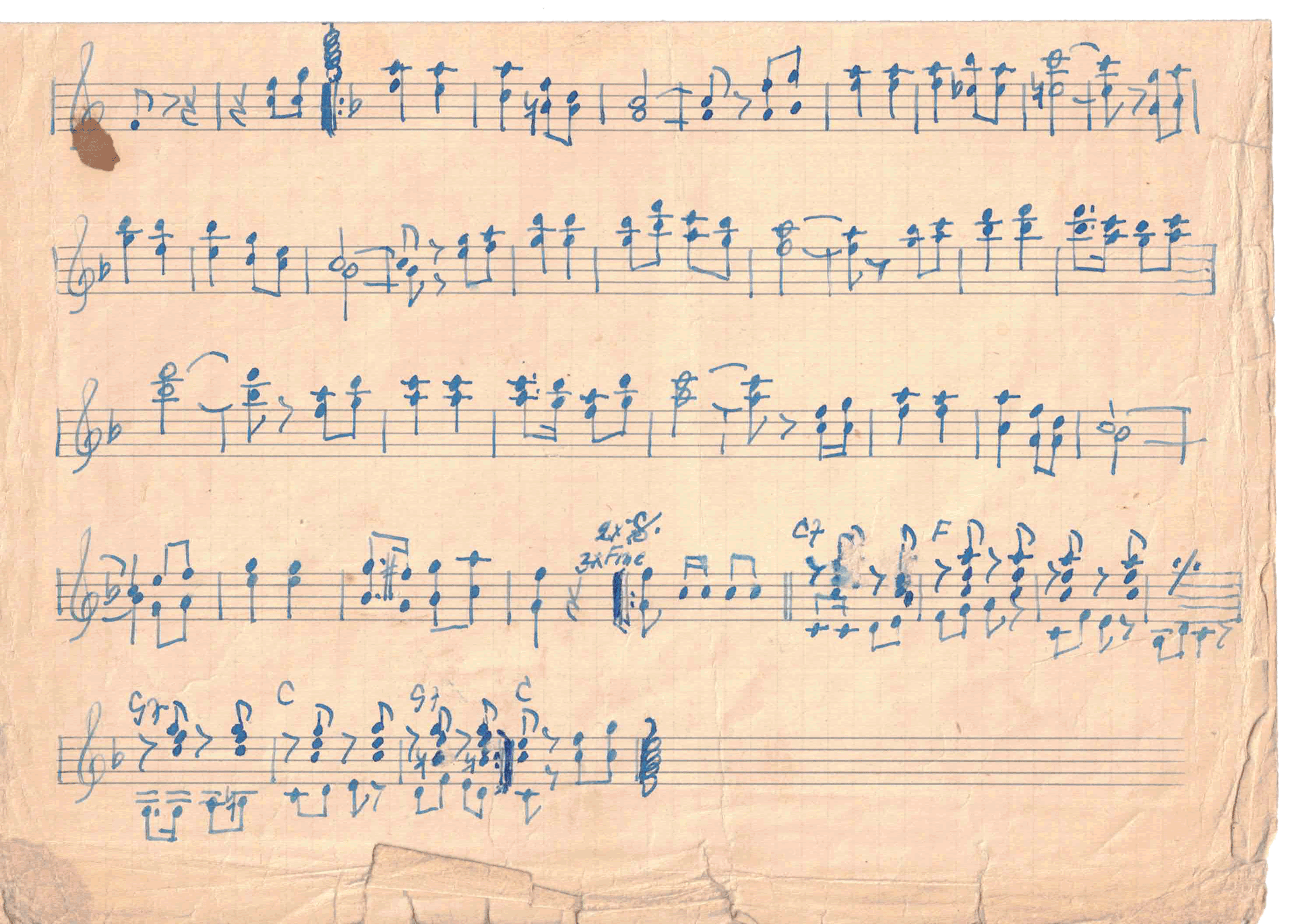 A handwritten sheet of music notes on aged paper, with visible tears and stains.