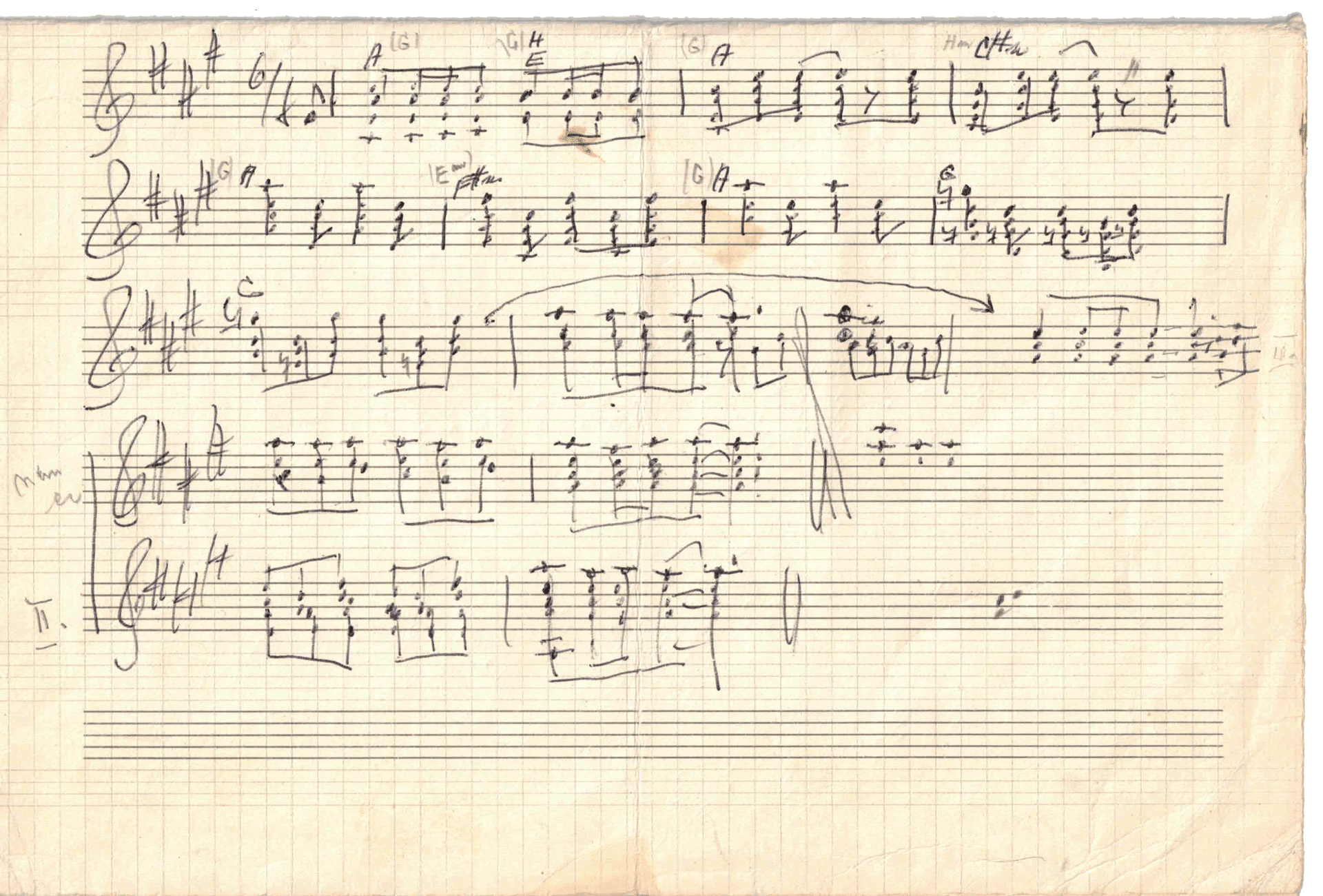 Handwritten sheet of music notes and chords on graph paper, with annotations and markings in black ink.