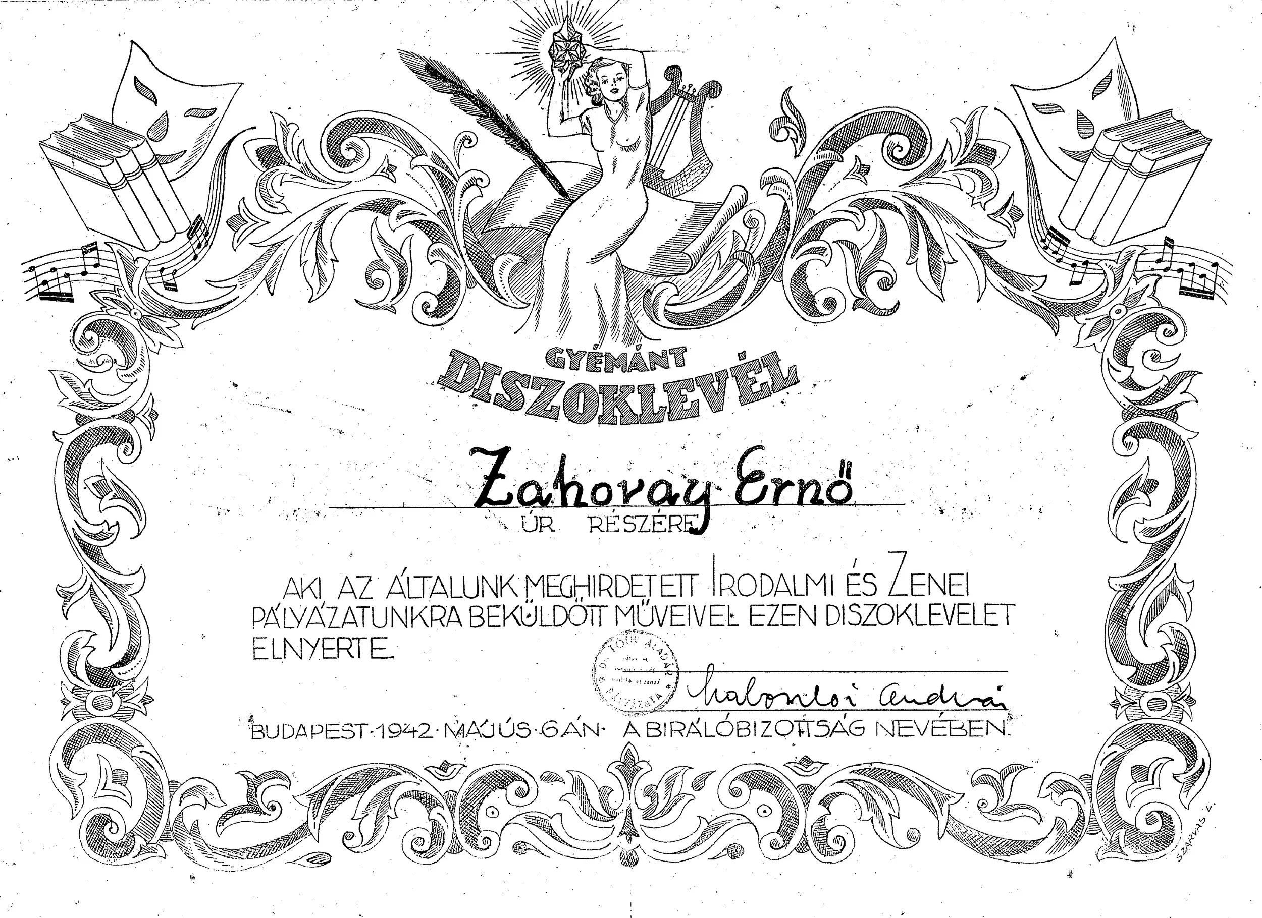 A Hungarian diploma with decorative borders, featuring a woman holding a lamp in her right hand and a harp in her left, surrounded by musical notes, books, and floral designs.