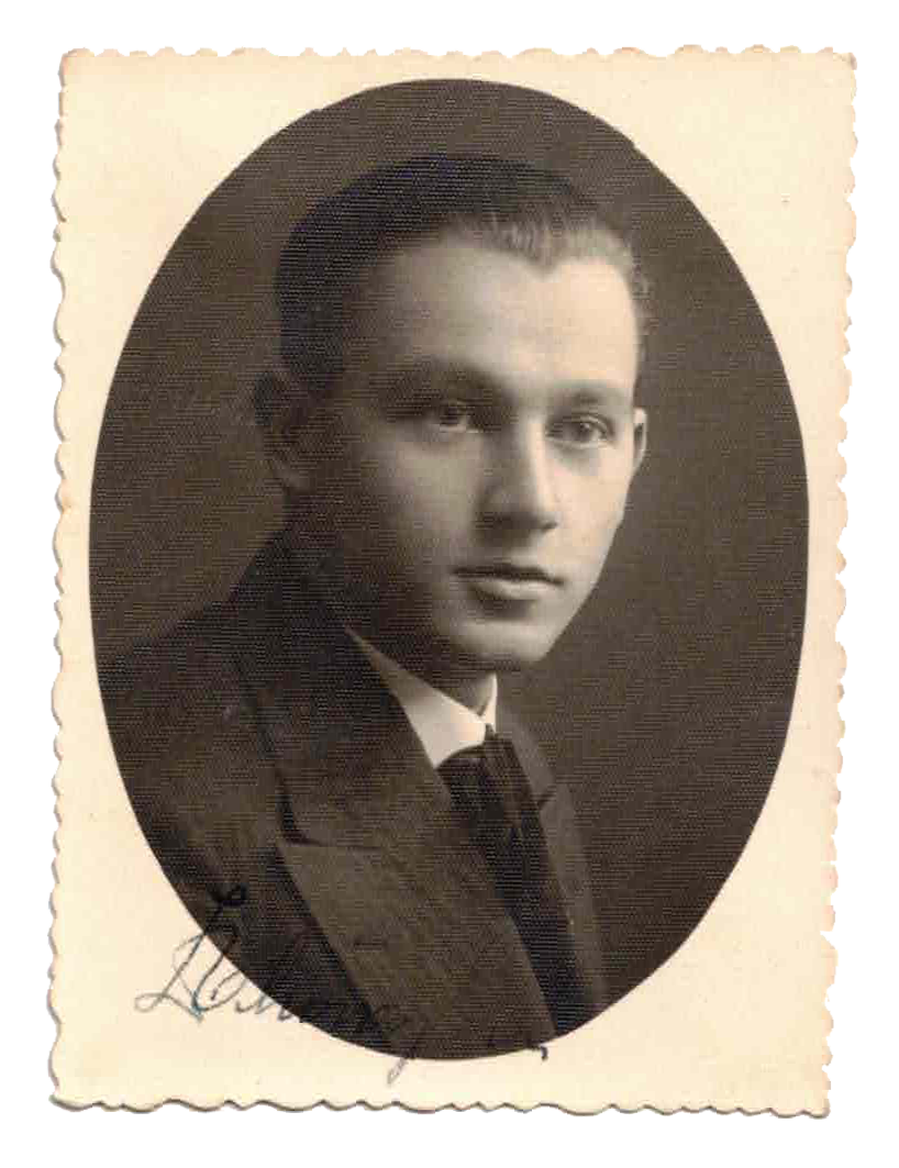 Black and white portrait of a young man in a suit and tie, with a serious expression, inside an oval frame on a textured background.