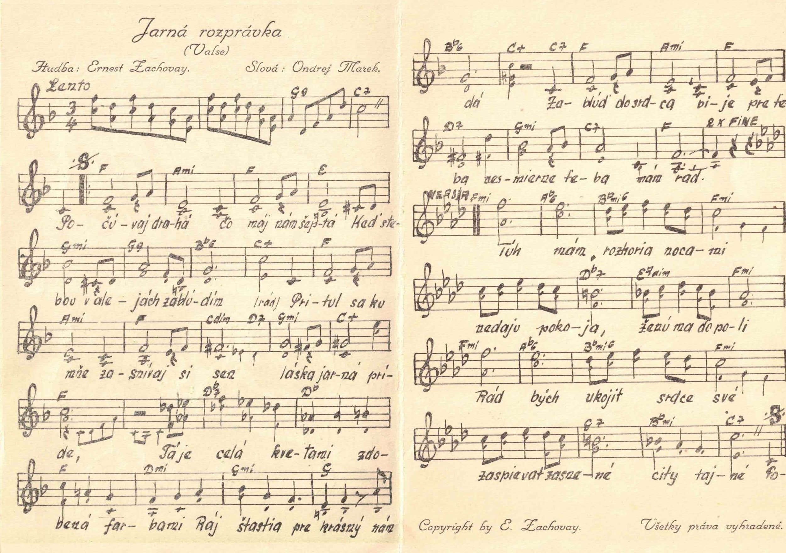 A vintage sheet of music and lyrics in a language other than English, titled "Jarná rozprávka (Valse)." The sheet includes handwritten musical notation, lyrics, and song credits, with copyright info at the bottom.