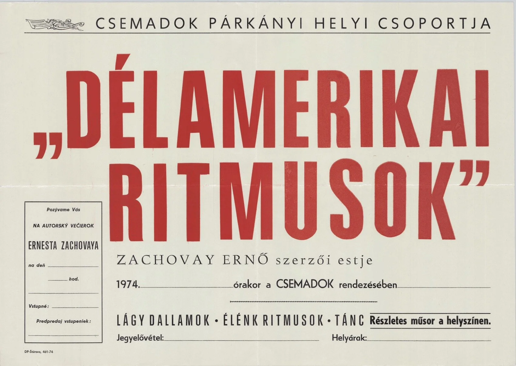 Vintage Hungarian event invitation from 1974, featuring bold red large text and details about a performance involving dance and music presented by Ernesta Zachovaya.