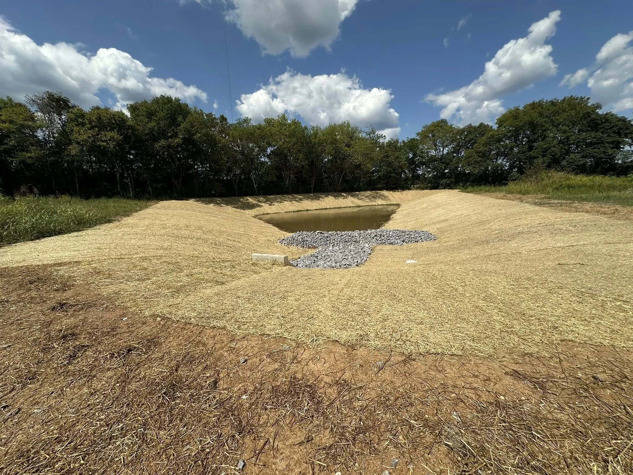 A barren, excavated area with a small pond in the center, surrounded by dirt and rocks, with dense green trees and a partly cloudy sky overhead.