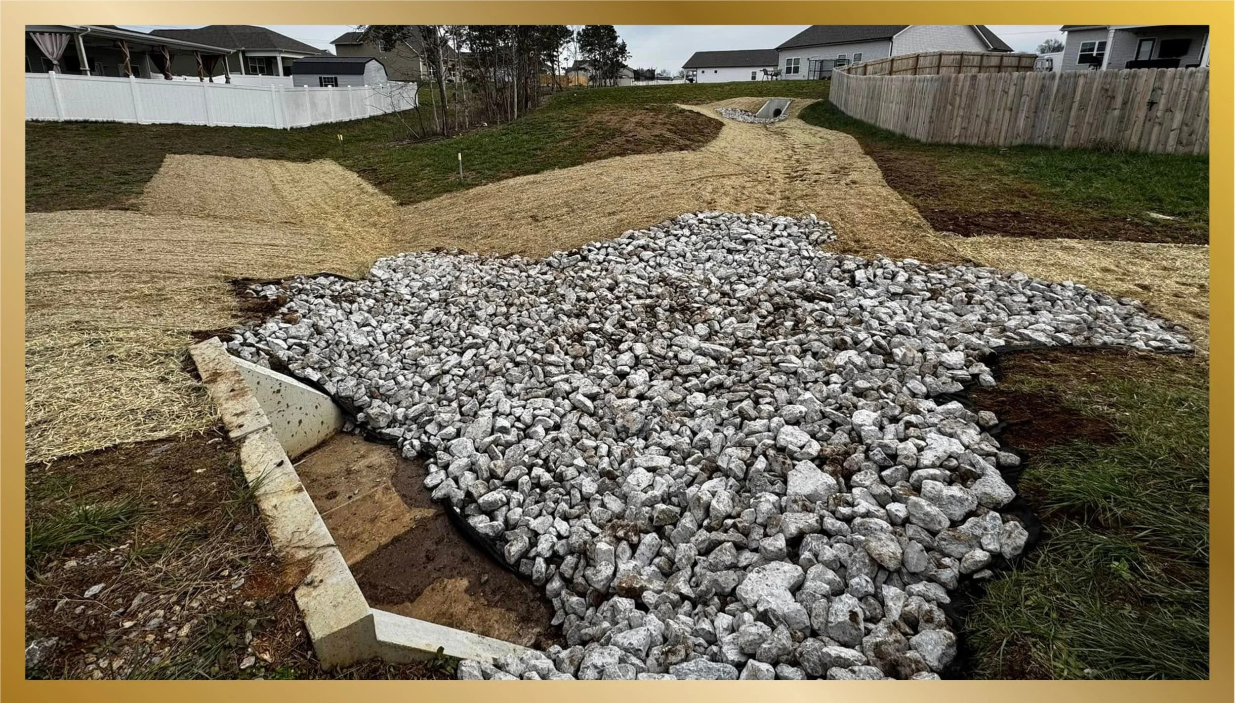 A backyard landscape with a pathway under construction, showing gravel and sand sections with grass, a white fence, and houses in the background.