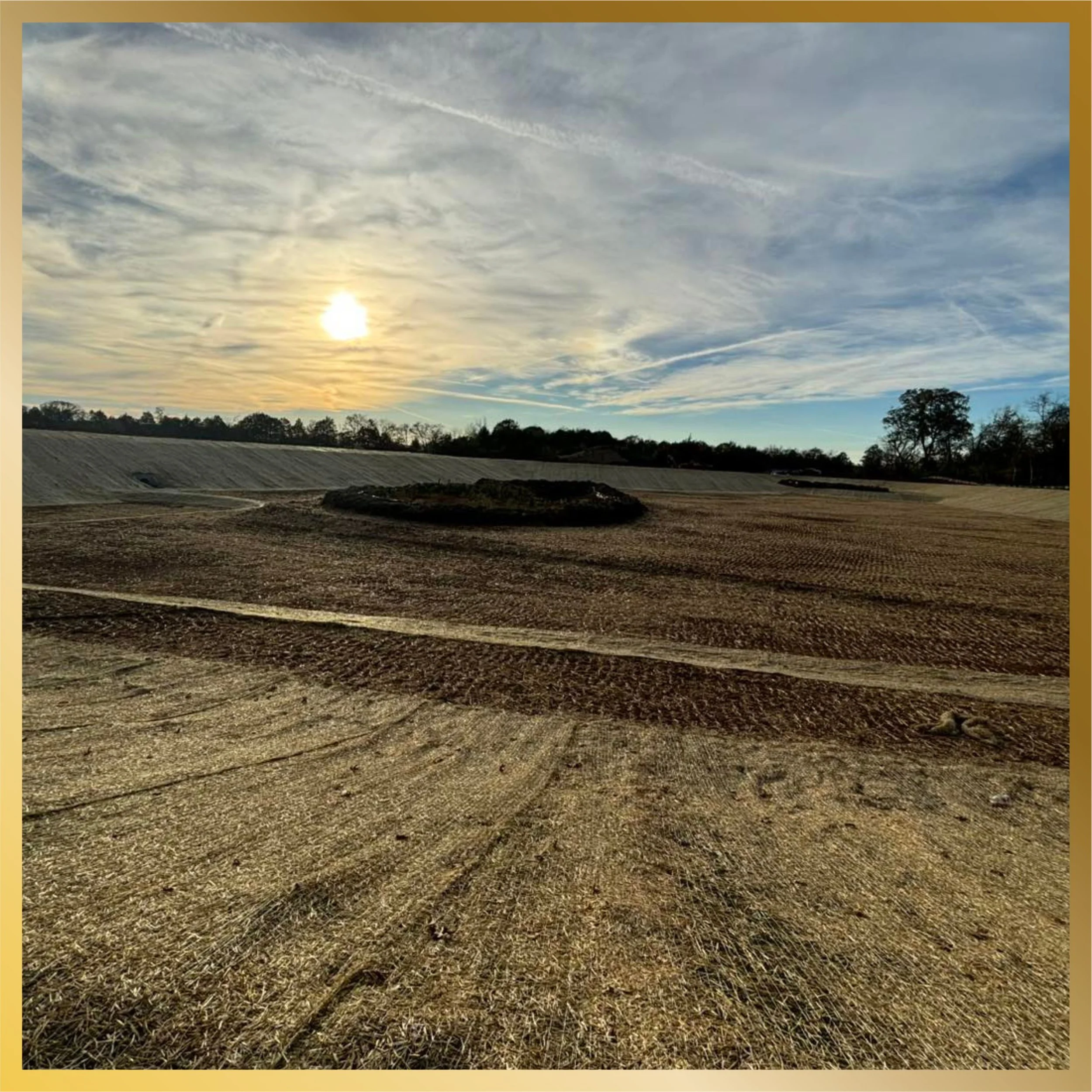 A dirt empty field with scattered dry grass, trees in the distance, and a cloudy sky with the sun partially visible.