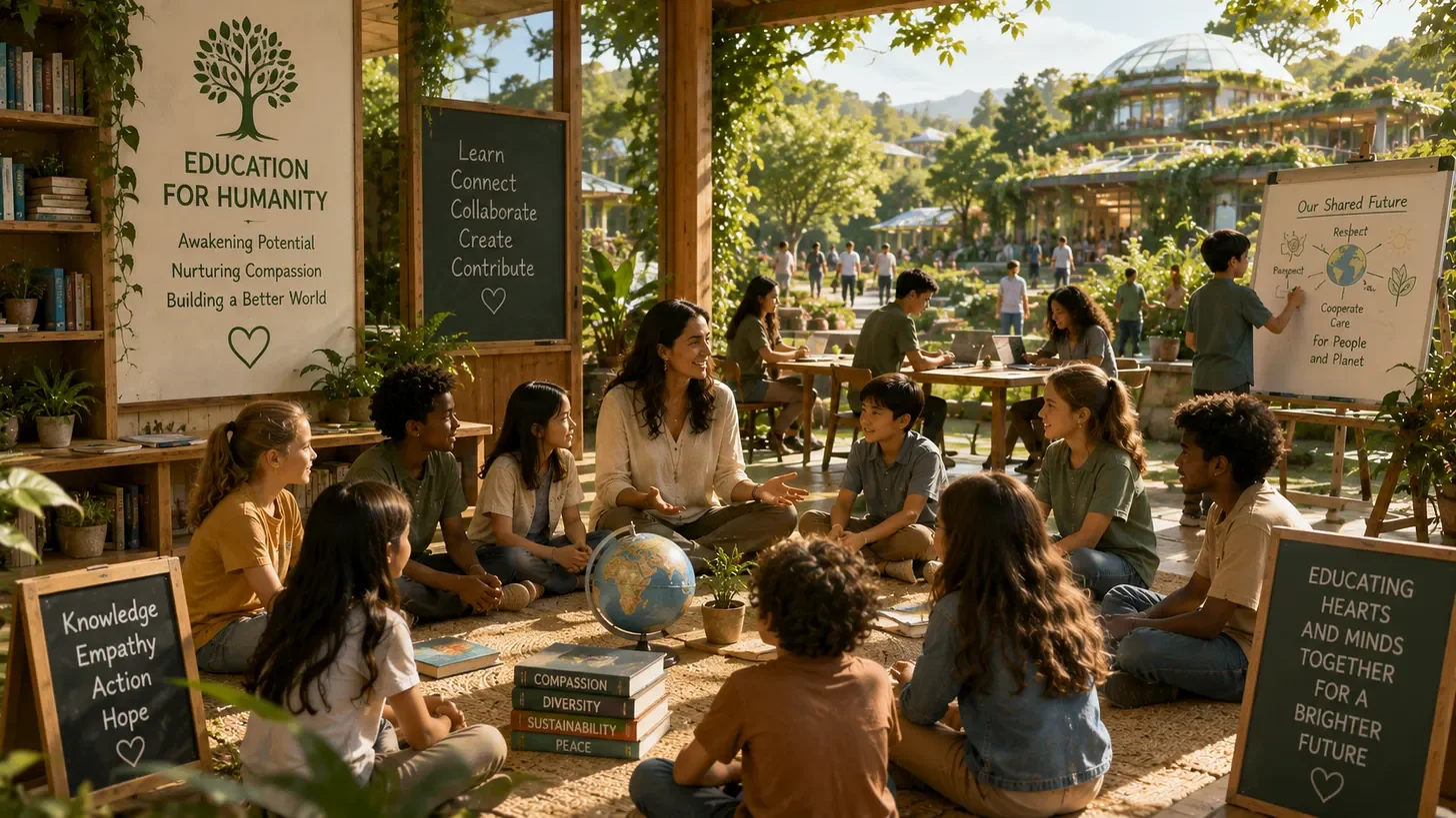 Group of children and a woman sitting on the floor in an outdoor educational setting with signs about educating the future and kindness, surrounded by trees and buildings with greenery.