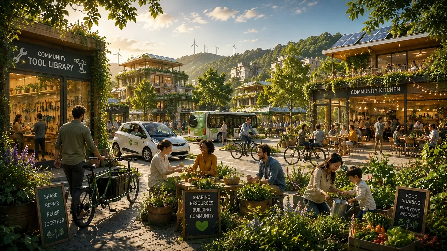 A vibrant community outdoor market with people gardening, socializing, and dining. Market signs mention sharing resources, food sharing, and community building. Buildings with glass facades, solar panels, and wind turbines are visible, with trees, plants, and hills in the background.