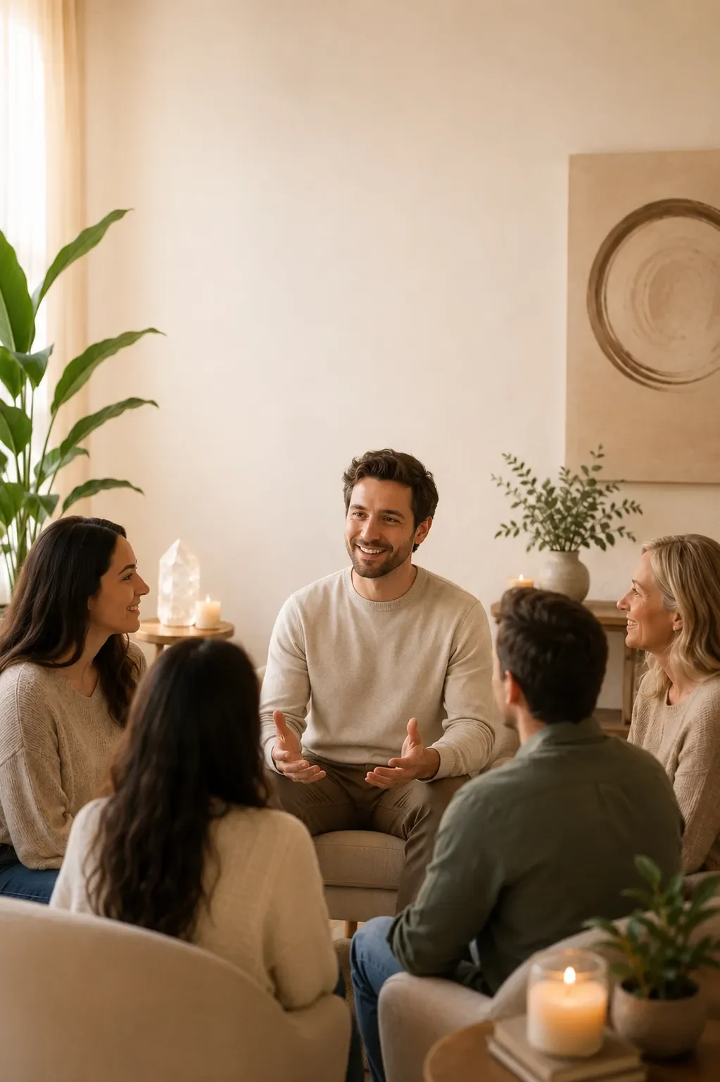 People having a group therapy or support meeting in a cozy, well-lit room with plants and candles.