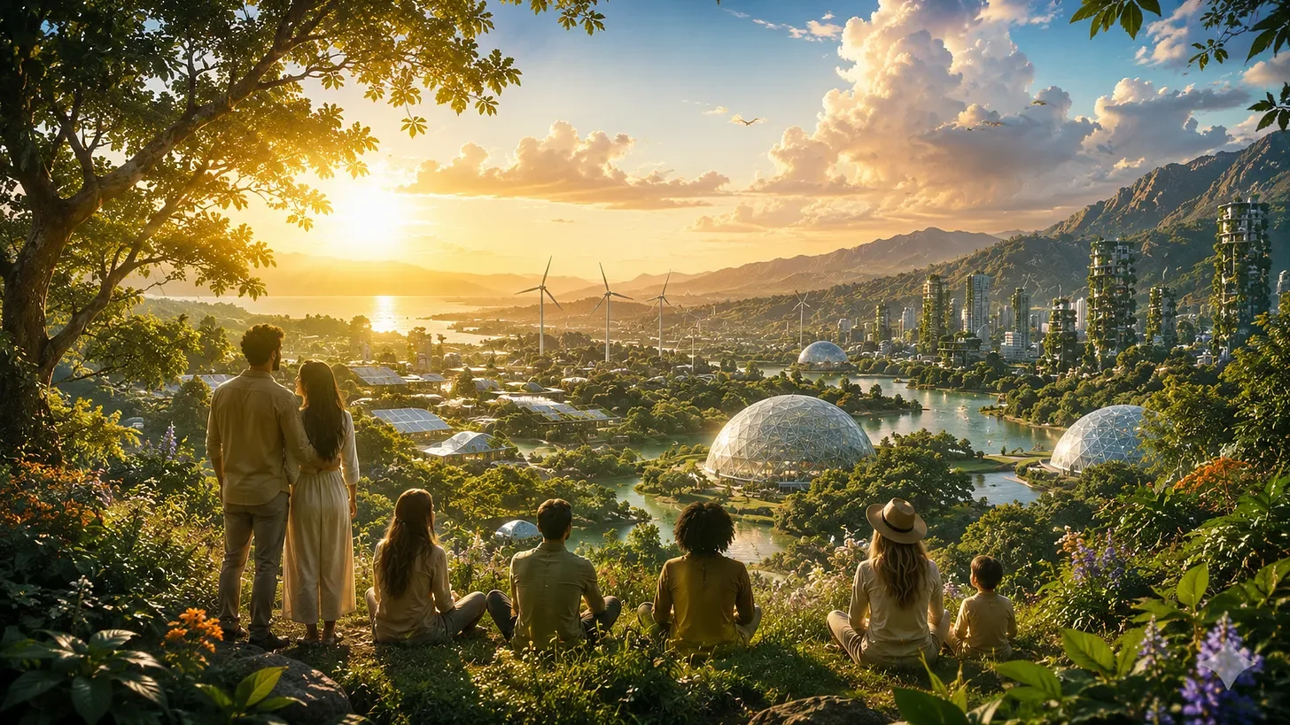 Group of people watching a futuristic cityscape with domed buildings, wind turbines, tall residential towers, and lush landscape at sunset, viewed from a hillside.