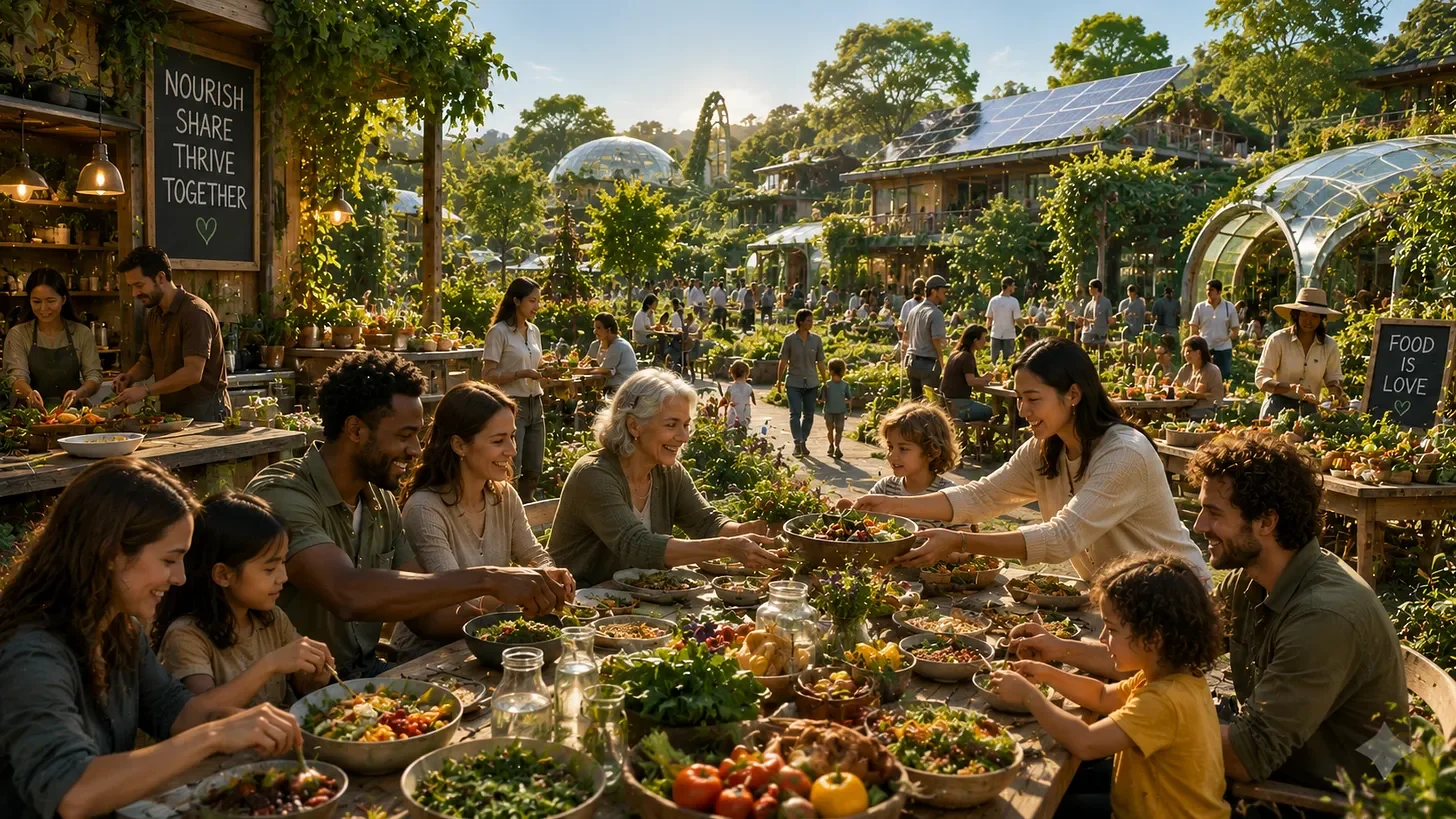 A diverse group of people enjoying a meal outdoors at a community garden event with tables filled with salads and fresh produce, surrounded by lush greenery, garden structures, and solar panels.
