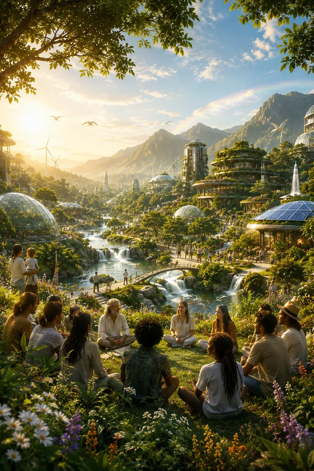 A group of people sitting in a circle in a lush green garden, with a futuristic cityscape of domed buildings and waterfalls in the background, mountains, and a rainbow in the sky during sunset.