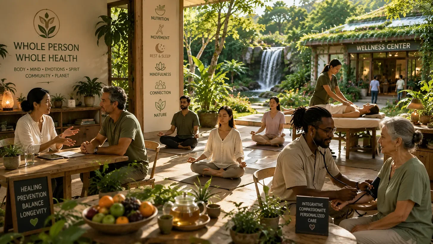 People practicing yoga and receiving massages at a wellness center with a waterfall in the background, indoor plants, and wellness signs.