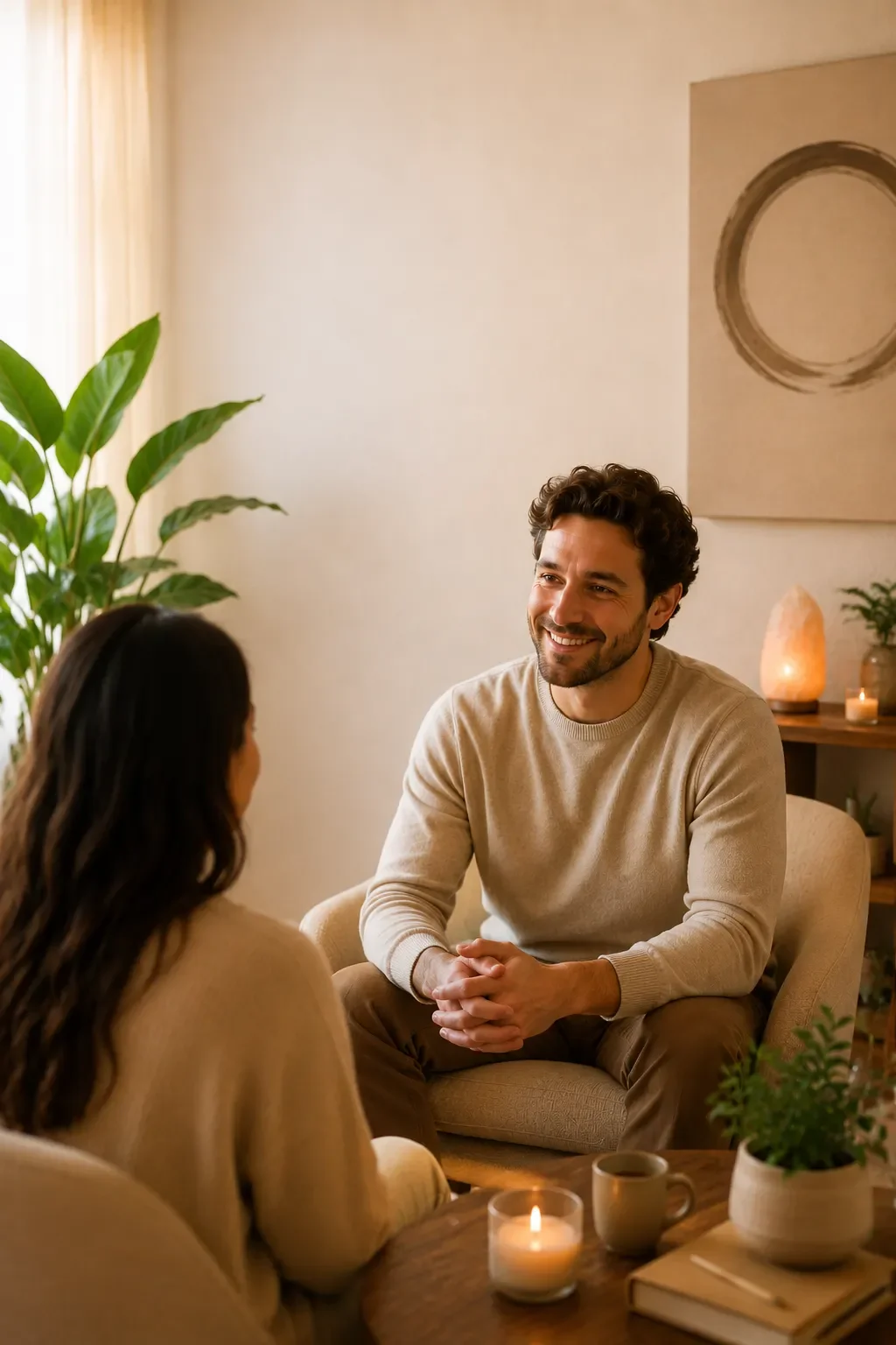 A man and woman sit across from each other in a cozy living room. The man is smiling, with hands clasped, wearing a beige sweater. The woman has dark, wavy hair and is wearing a beige top. There are candles, a potted plant, and decorative items on a wooden table and shelf in the background, with warm lighting creating a comfortable atmosphere.