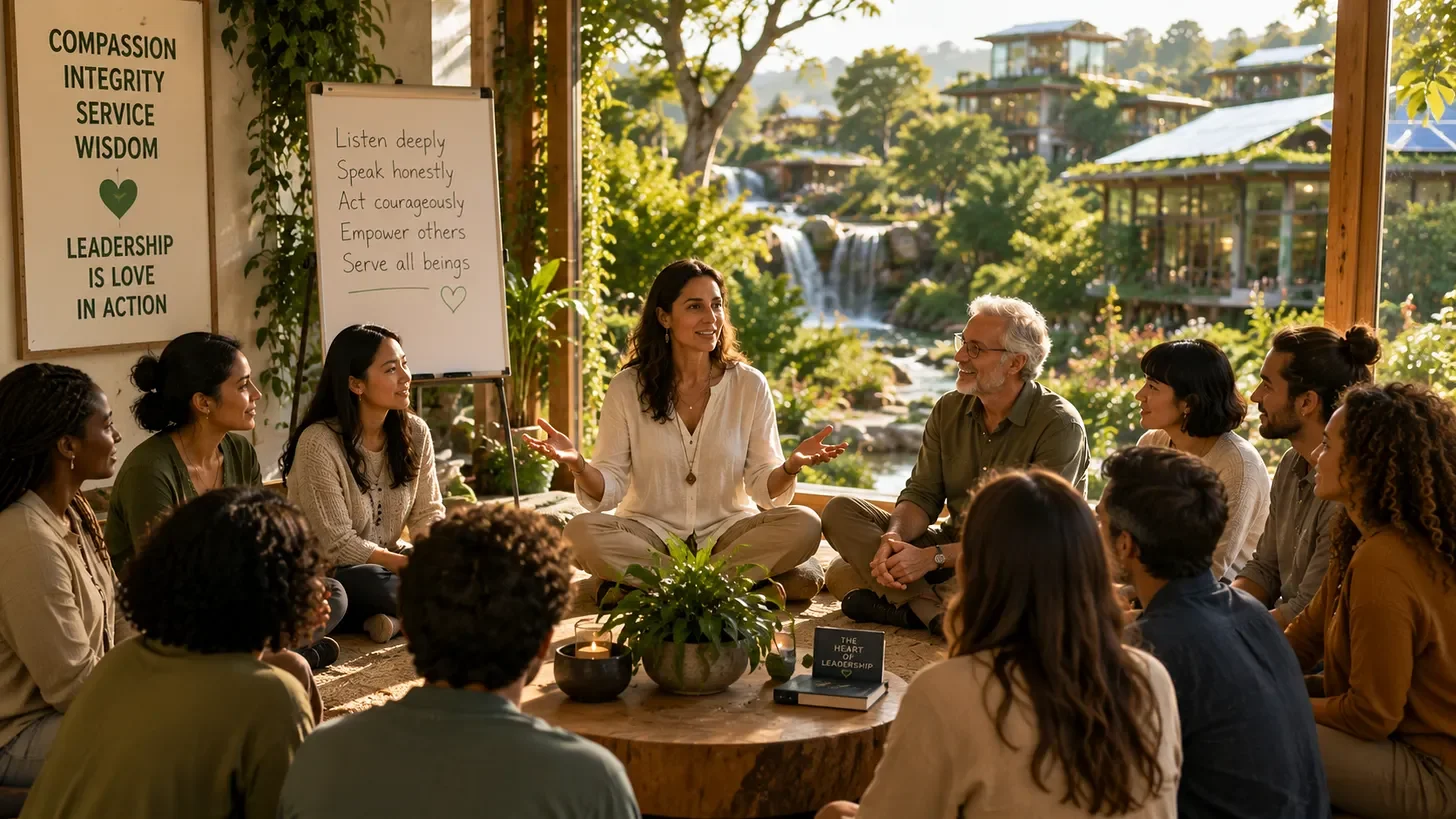 A woman leading a discussion in a group of diverse people seated in a circle outdoors. There's a whiteboard with inspirational text and a wall with words about leadership and service. The scene is sunny with greenery and a waterfall in the background.