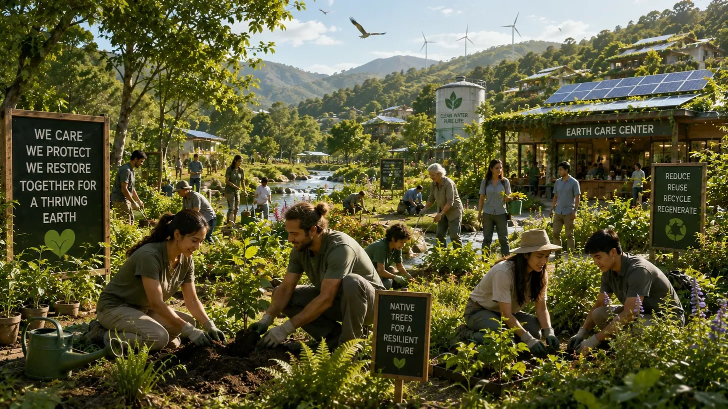 People planting trees and gardening at an earth care center surrounded by signs promoting environmental conservation.