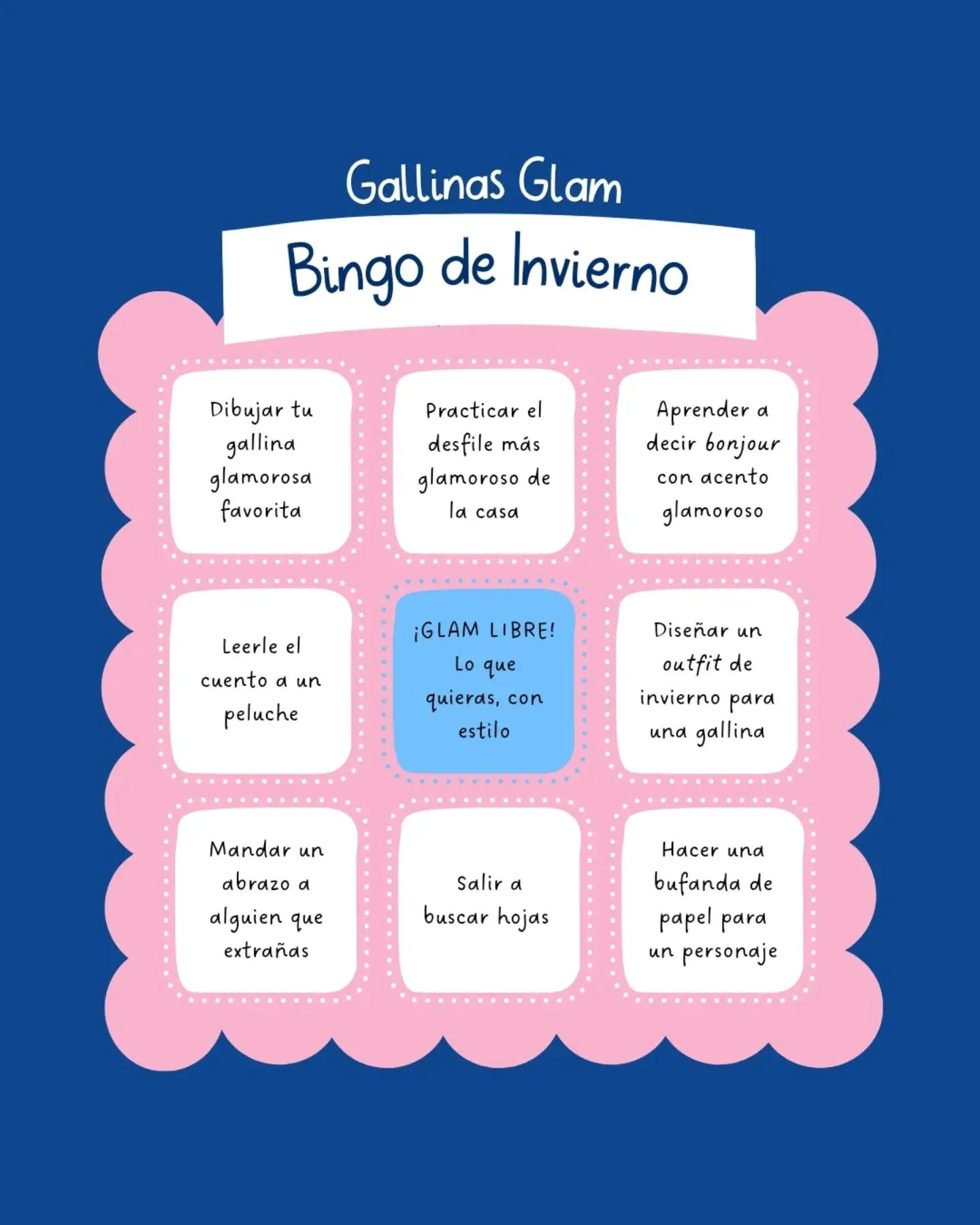 &iexcl;Bienvenido el invierno! 🧣✨

En Pollito Beach hasta el fr&iacute;o tiene glamour.
Insp&iacute;rate con este bingo para disfrutar del invierno con tus peques. Hay actividades para leer, crear, abrigarse y desfilar, porque s&iacute;, desfilar co