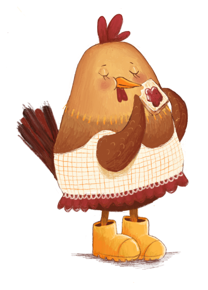 Una gallina caricaturesca con botas amarillas, una falda con encaje y un delantal, sosteniendo una rebanada de pan con mermelada y disfrutando con los ojos cerrados.